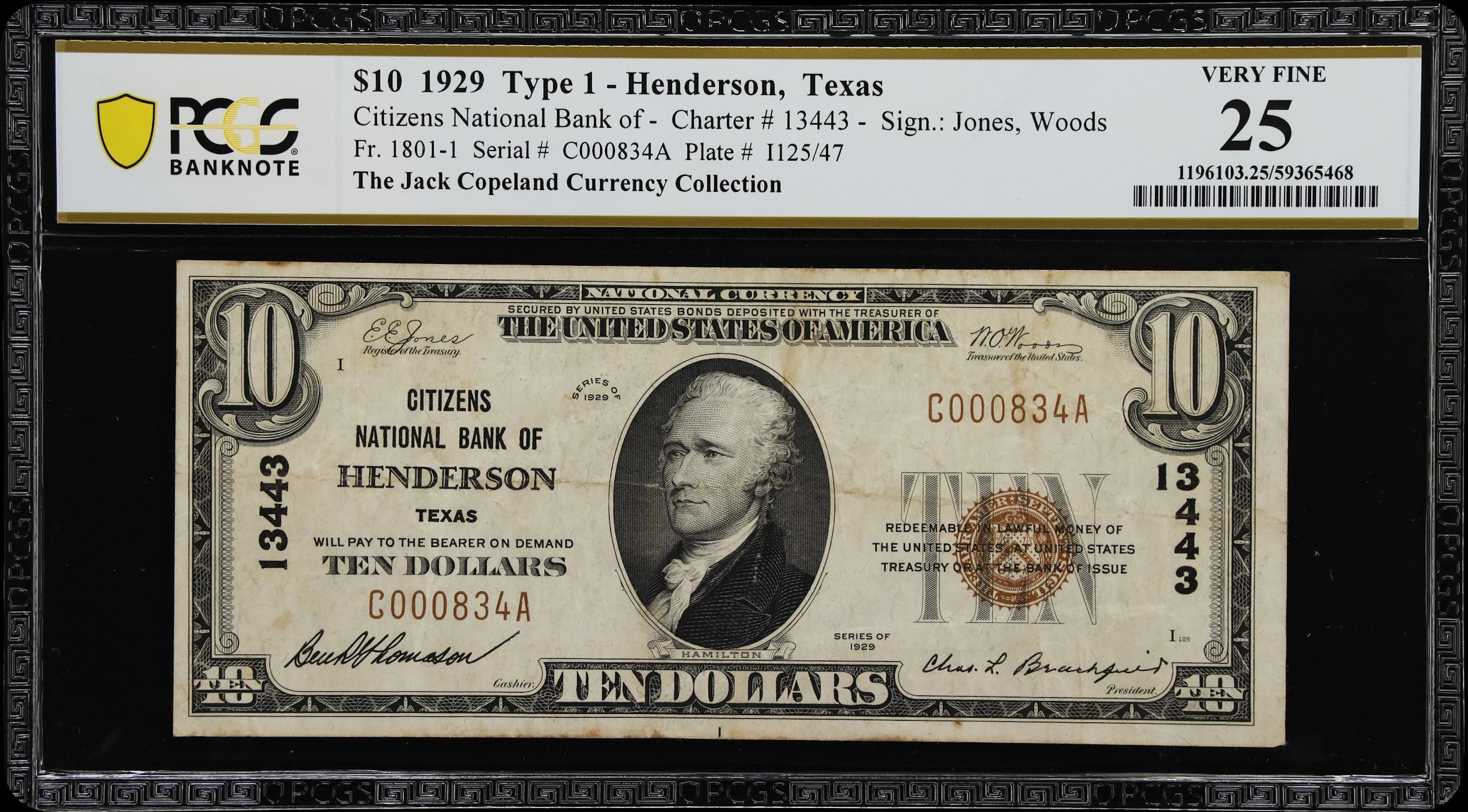 Henderson, Texas. $10 1929 Ty. 1. Fr. 1801-1. Citizens NB. Charter
