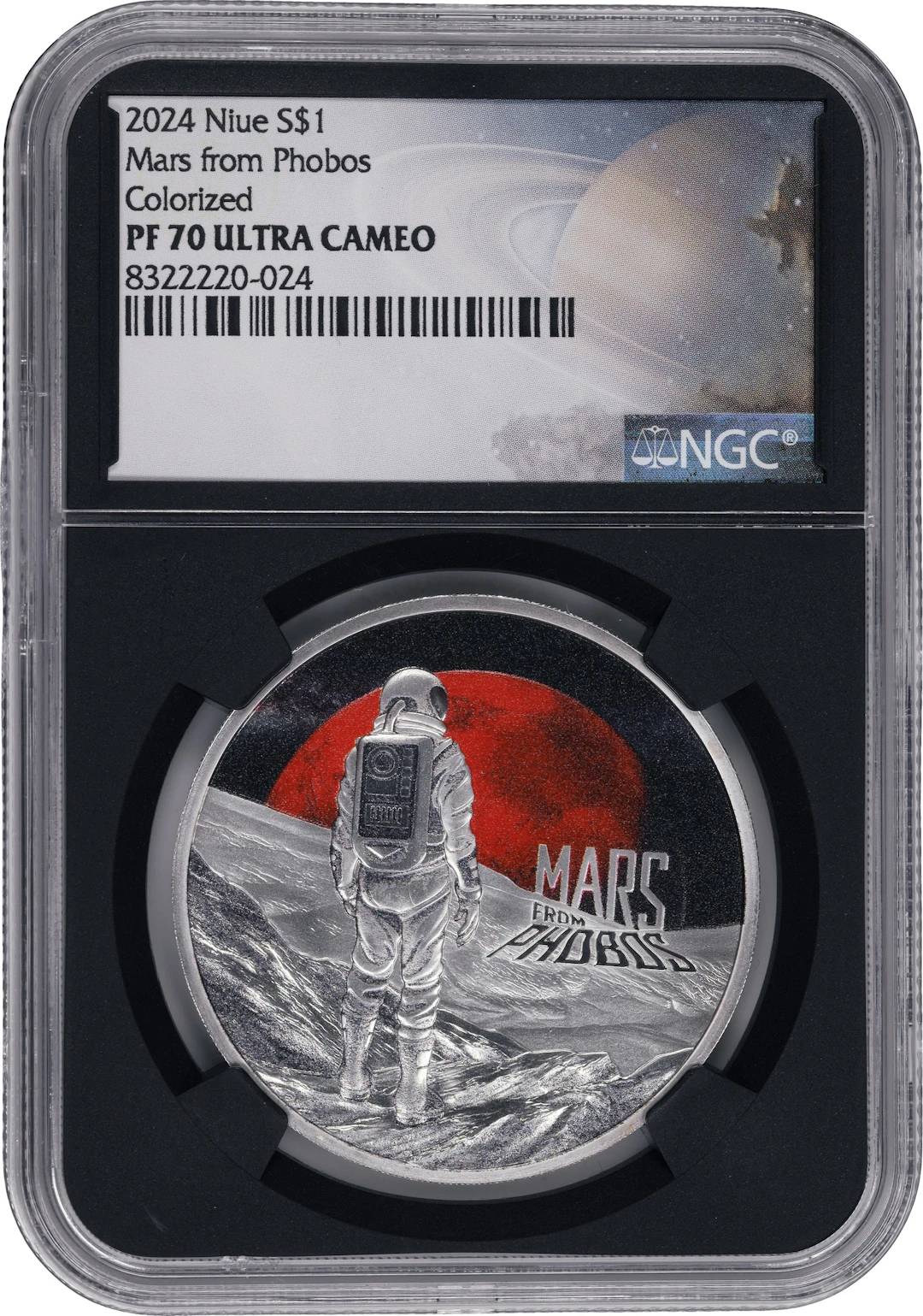 (1 oz, 31.104 g ASW). Niue. 2024 Mars from Phobos 1 oz Colorized Silver