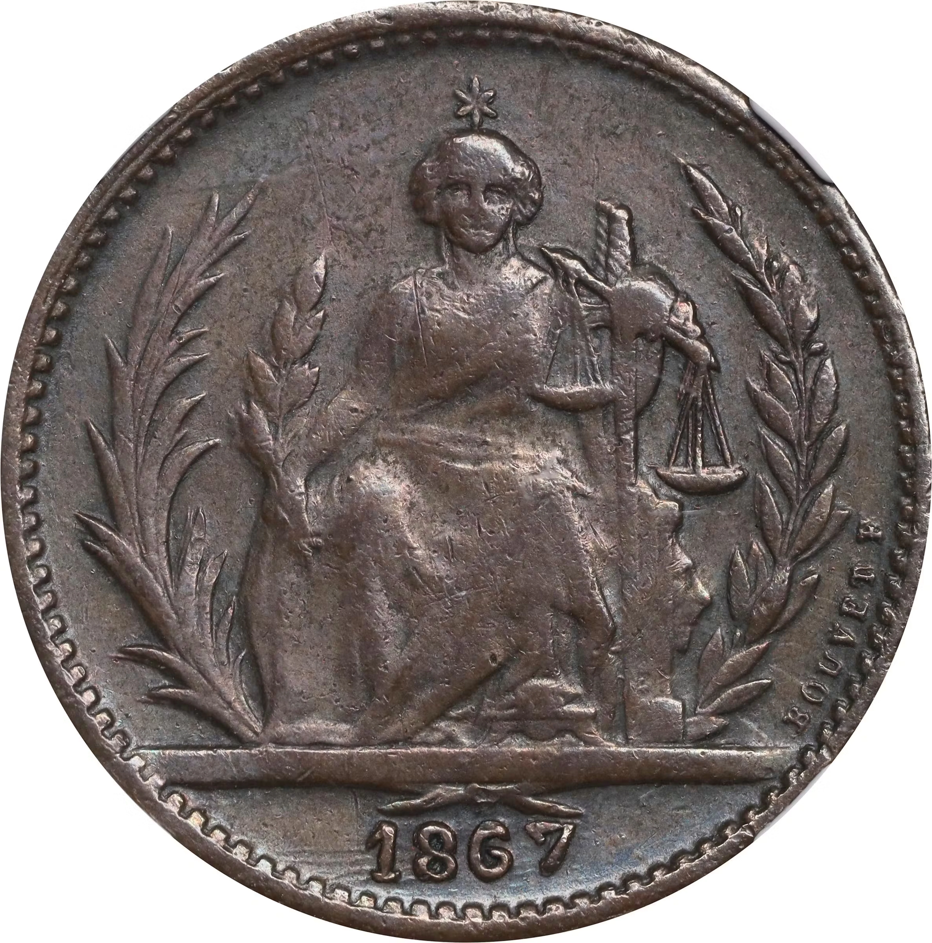 PARAGUAY. Copper 4 Pesos Pattern, 1867. Asuncion Mint. NGC VF-25.