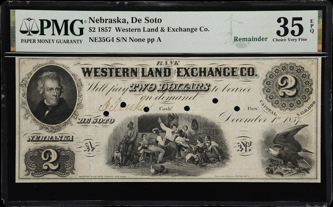 De Soto, Nebraska. Western Land & Exchange Company. 1857 $2. PMG Choice