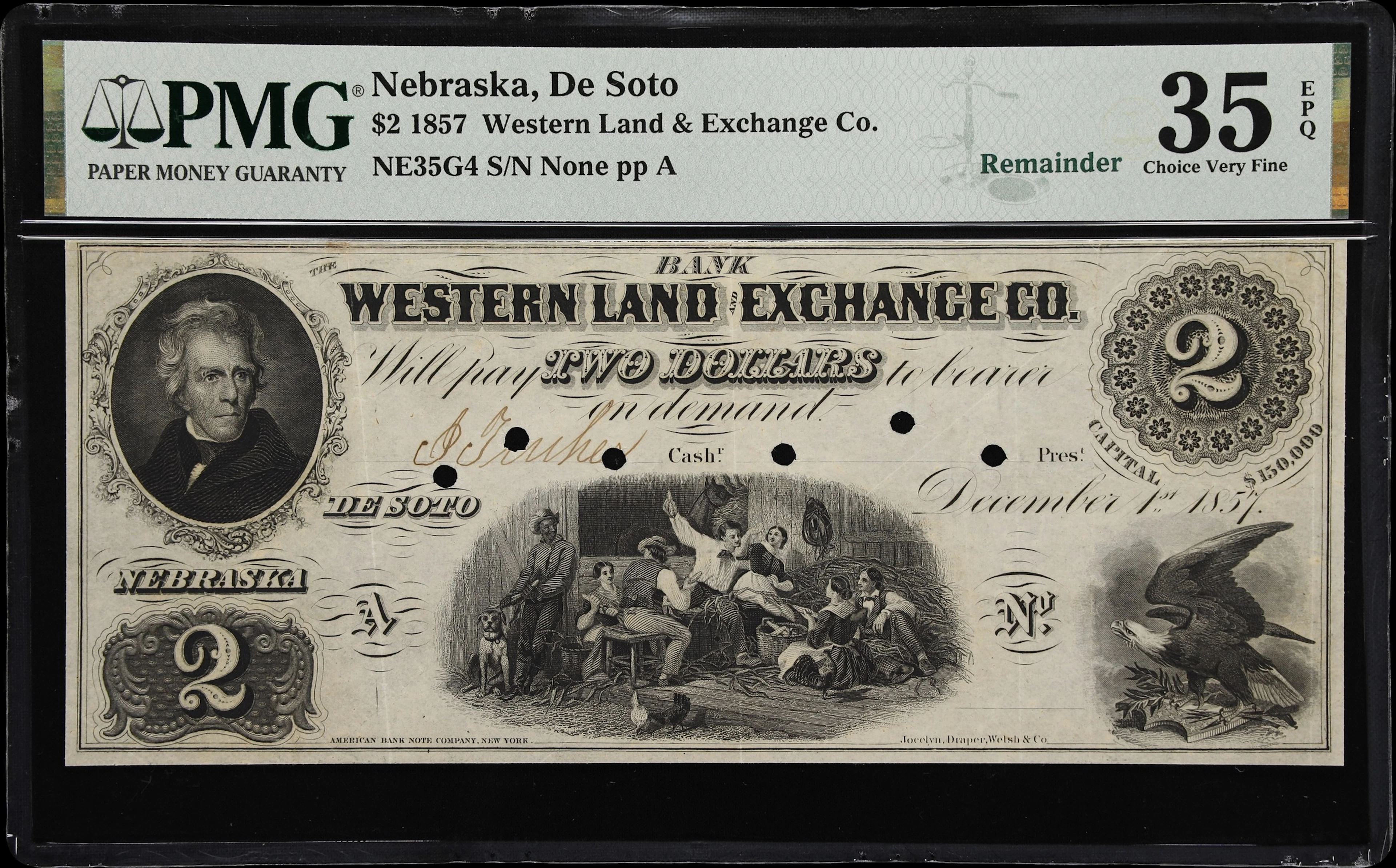 De Soto, Nebraska. Western Land & Exchange Company. 1857 $2. PMG Choice
