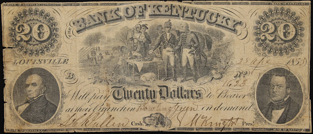 Louisville, Kentucky. Bank of Kentucky. 1853 $20. Fine.
