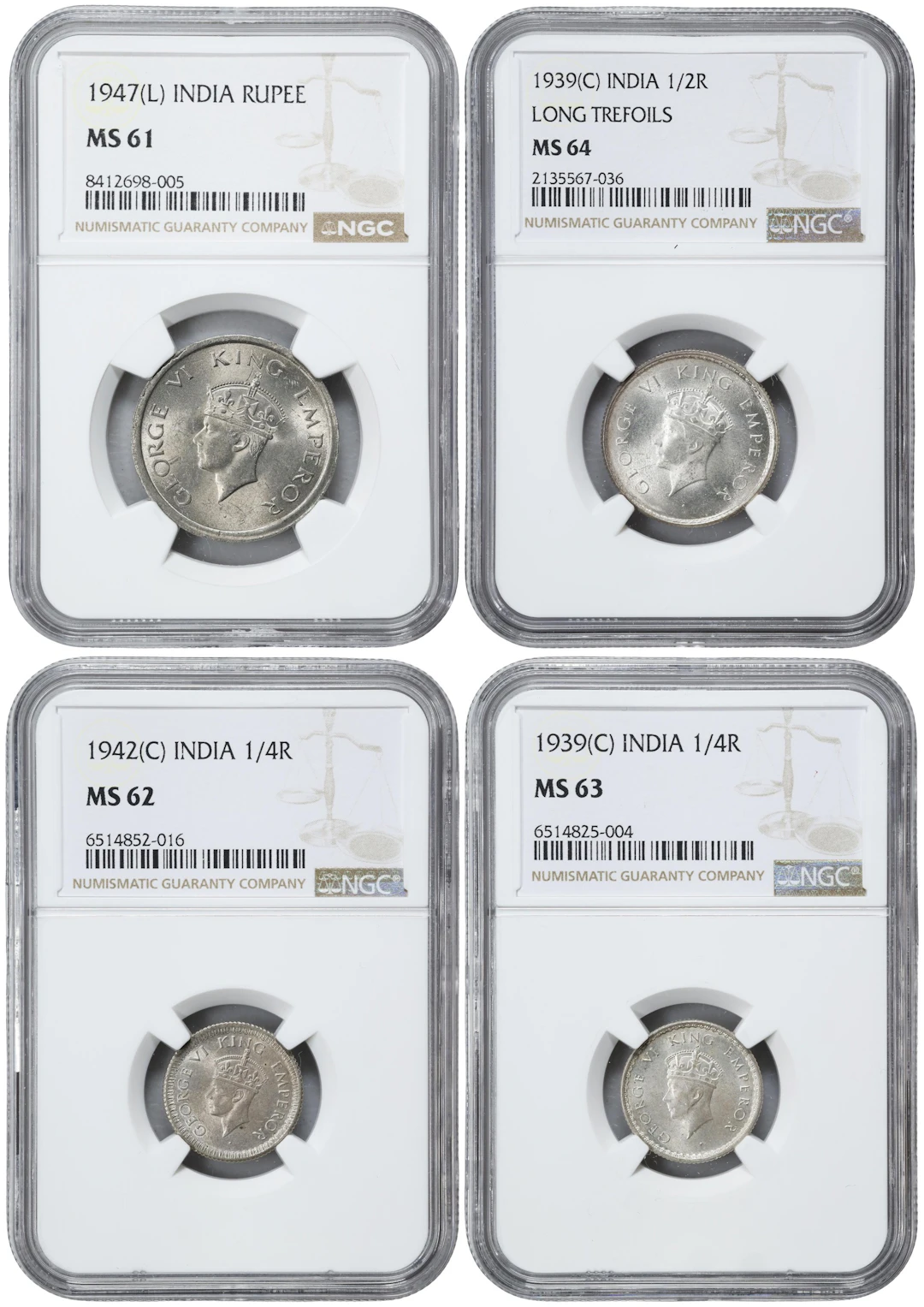 INDIA. Quartet of Mixed Denominations (4 Pieces), 1939-47. George