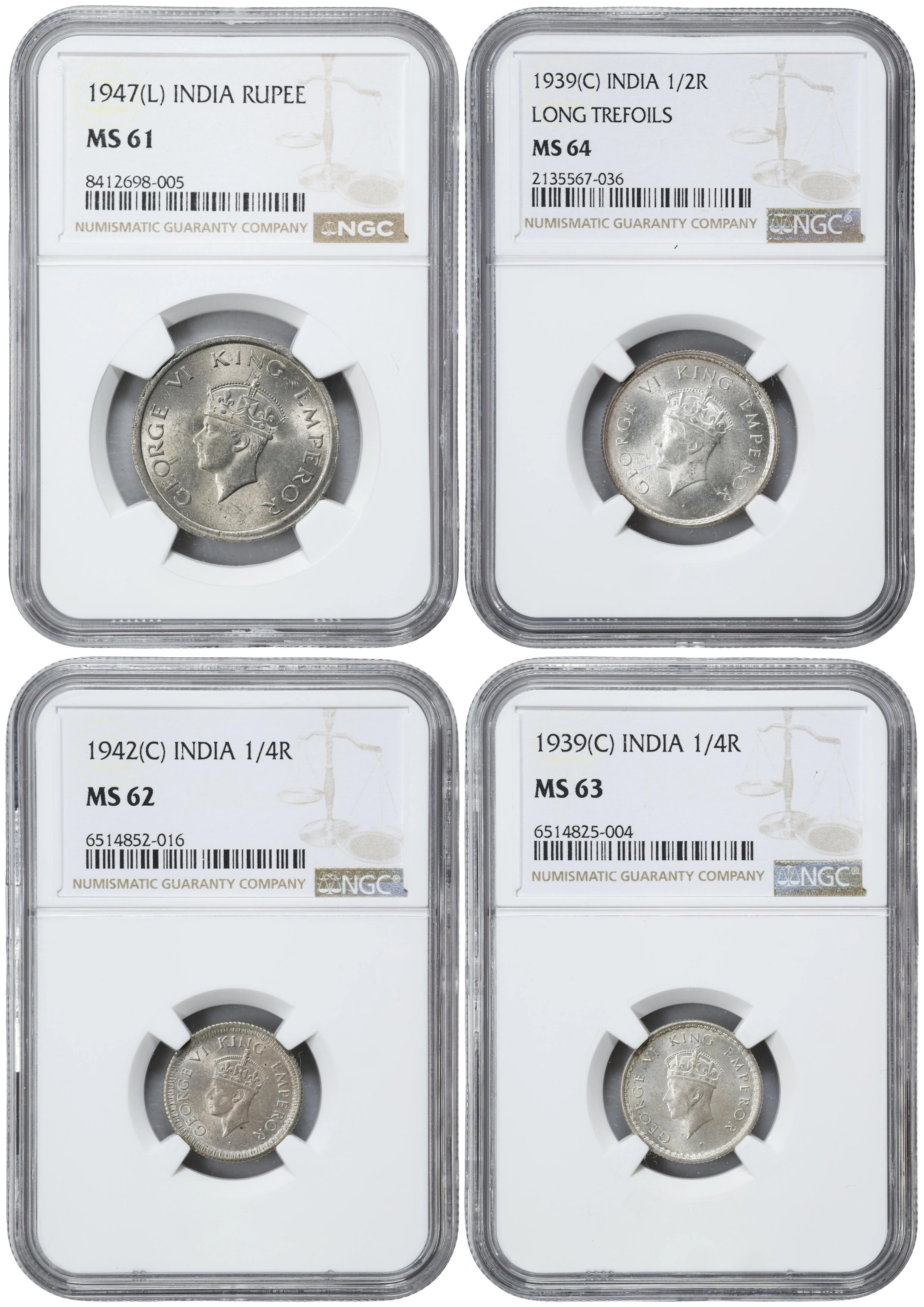 INDIA. Quartet of Mixed Denominations (4 Pieces), 1939-47. George
