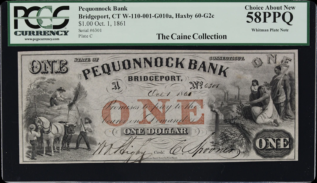 Bridgeport, Connecticut. Pequonnock Bank. 1861 $1. PCGS Currency Choice