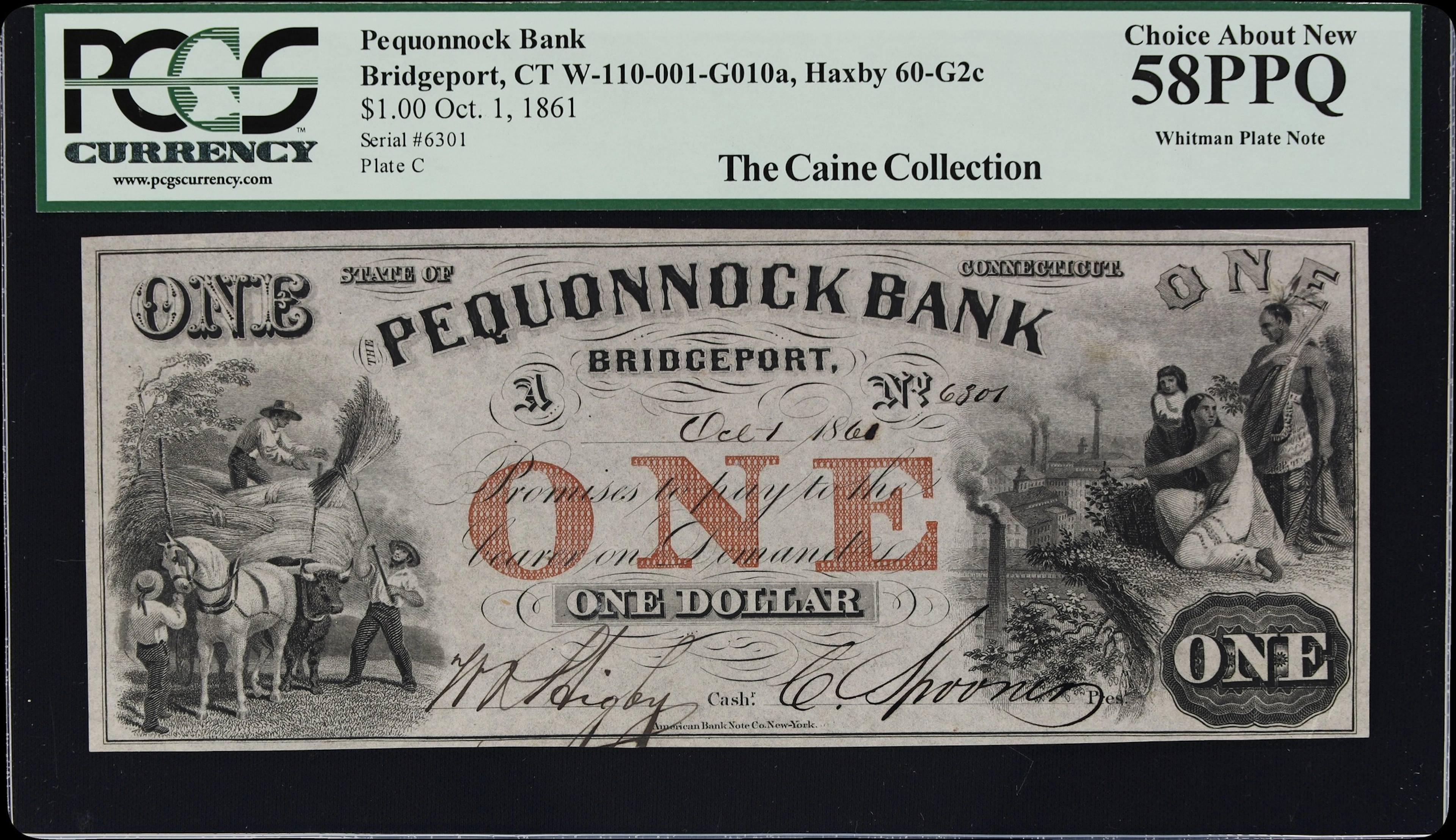 Bridgeport, Connecticut. Pequonnock Bank. 1861 $1. PCGS Currency Choice