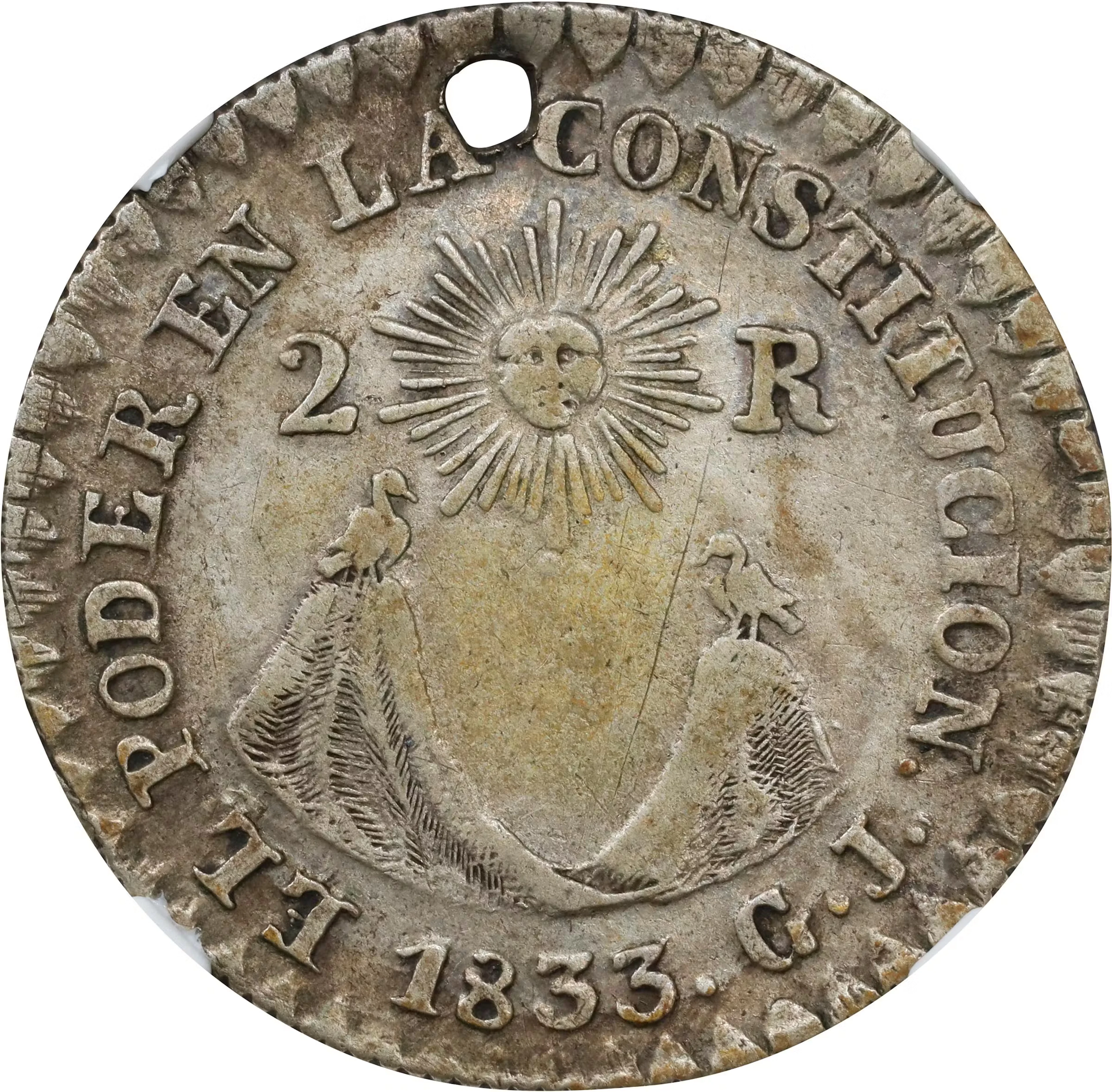 ECUADOR. 2 Reales, 1833-QUITO GJ. Quito Mint. NGC EF Details--Holed.