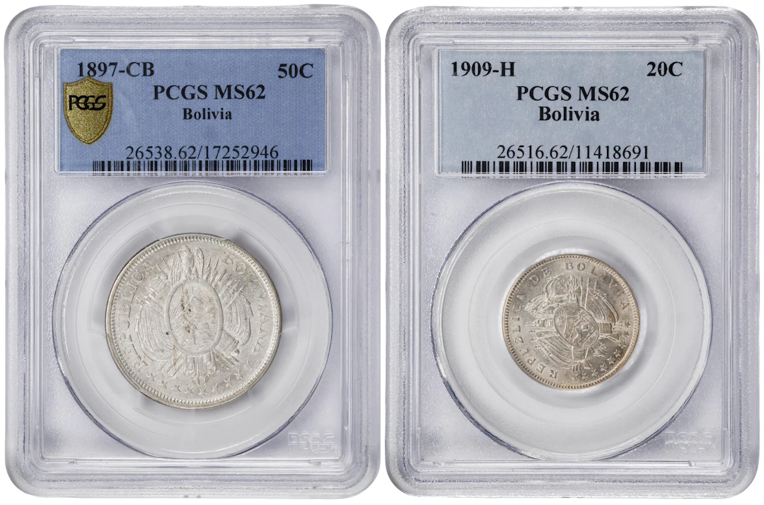 BOLIVIA. Duo of Mixed Denominations (2 Pieces), 1897-1909. Both PCGS MS-62.