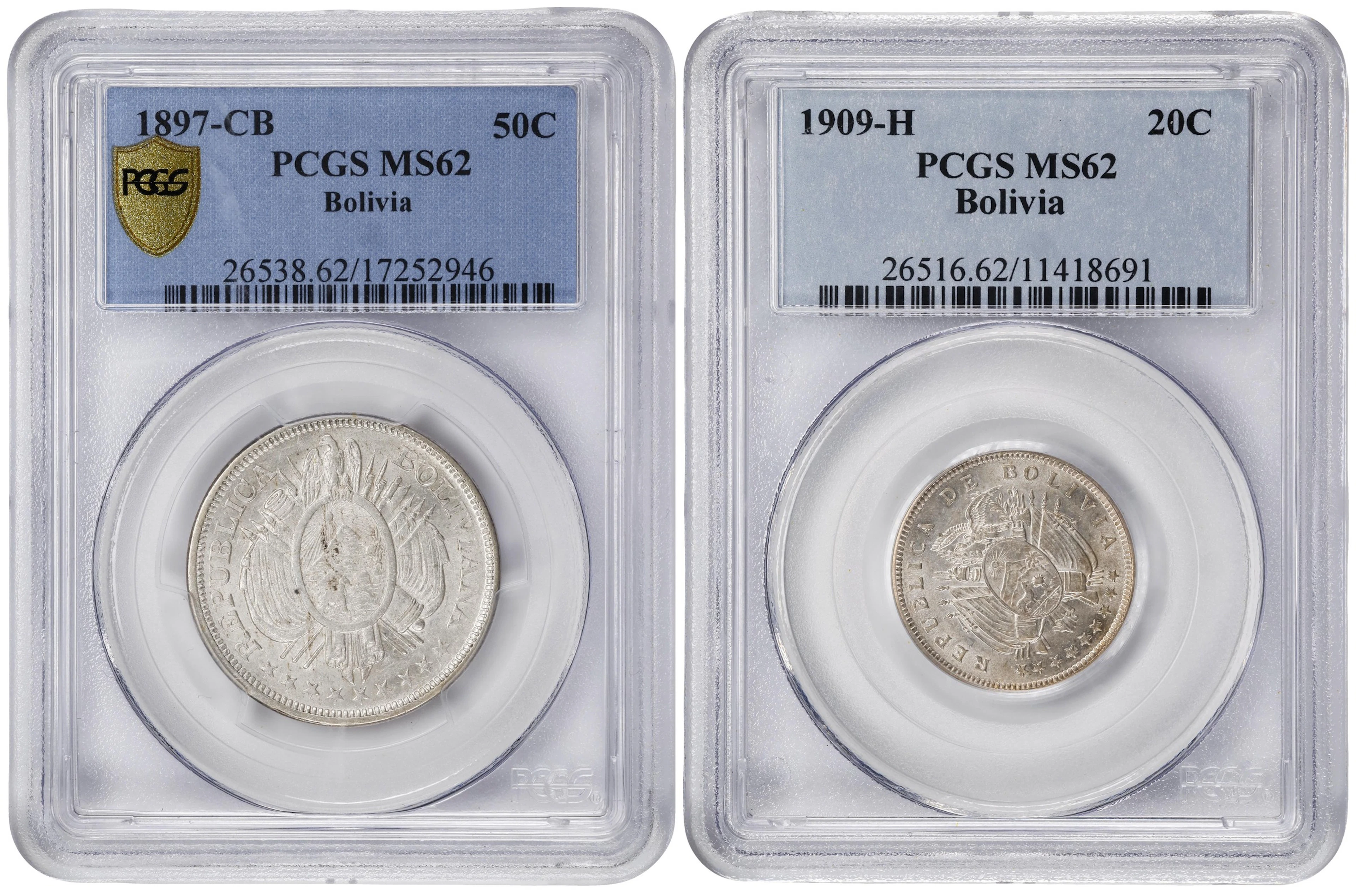 BOLIVIA. Duo of Mixed Denominations (2 Pieces), 1897-1909. Both PCGS MS-62.