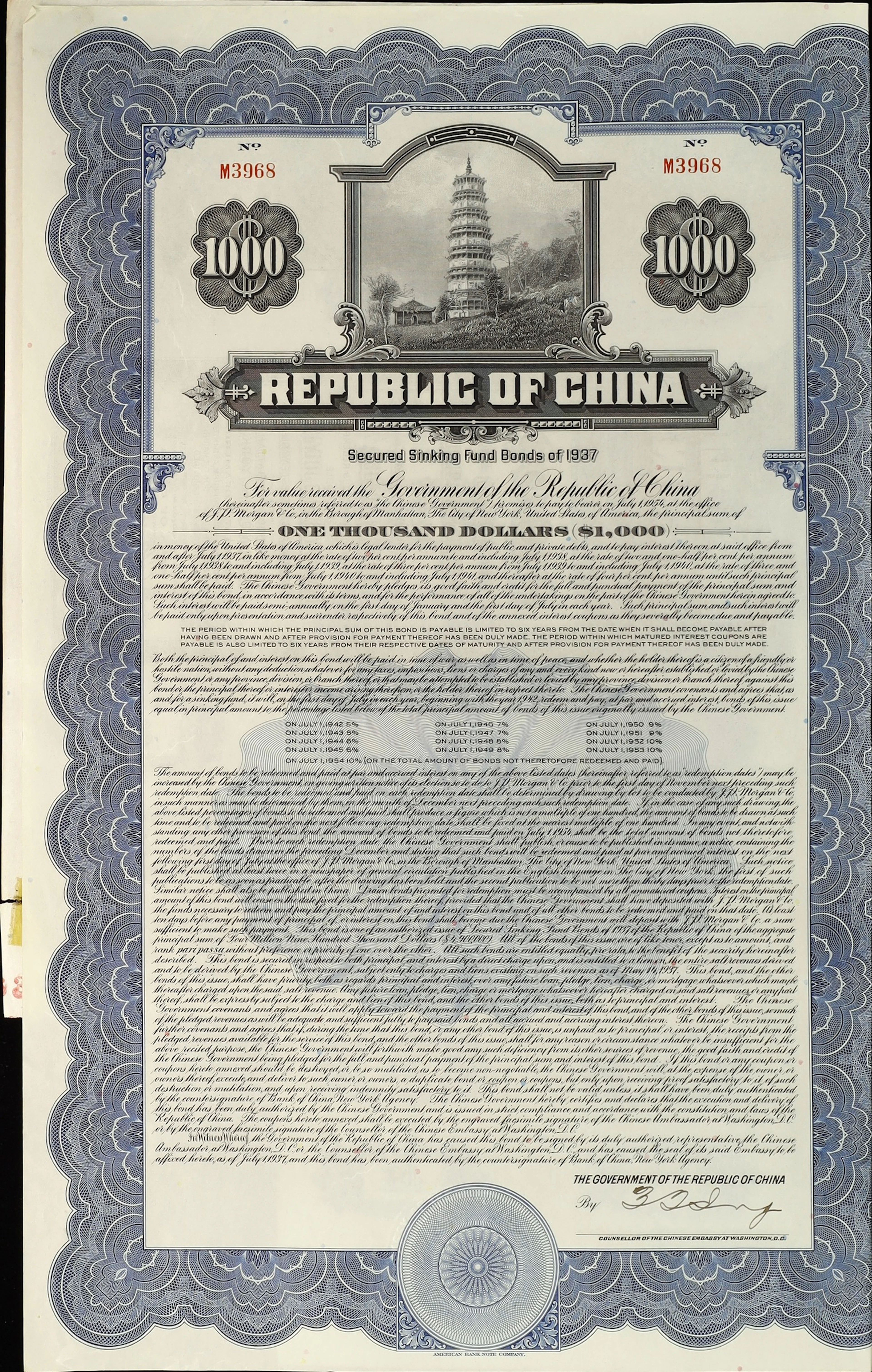 CHINA--REPUBLIC. 1937 2-4% Chinese Government Secured Sinking Fund