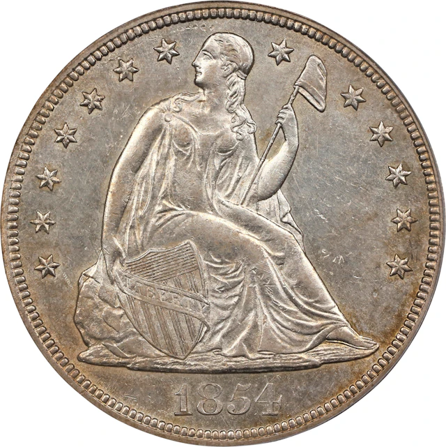 1854 Liberty Seated Silver Dollar. OC-1. Rarity-3+. Repunched Date.