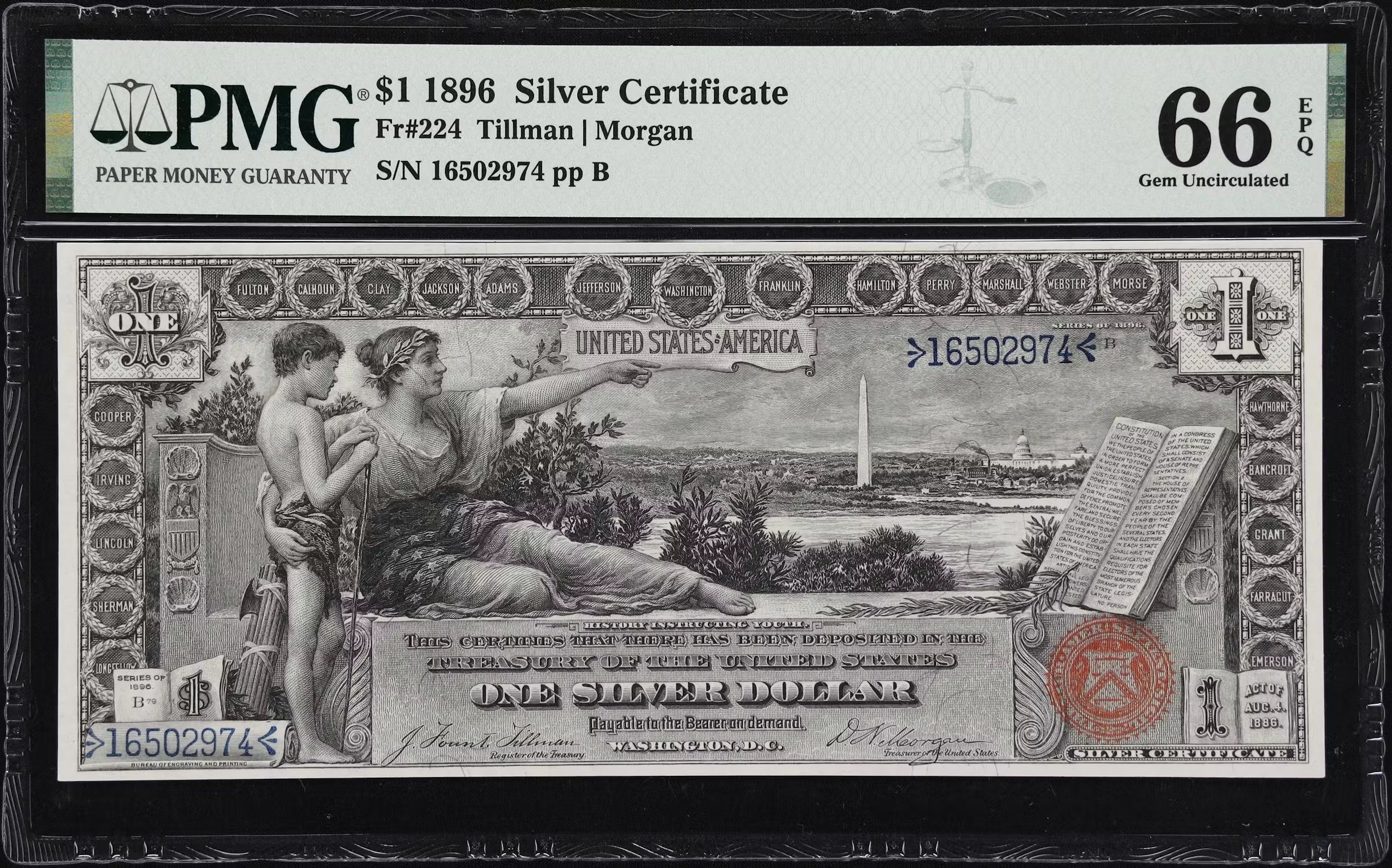 Fr. 224. 1896 $1 Silver Certificate. PMG Gem Uncirculated 66 EPQ.