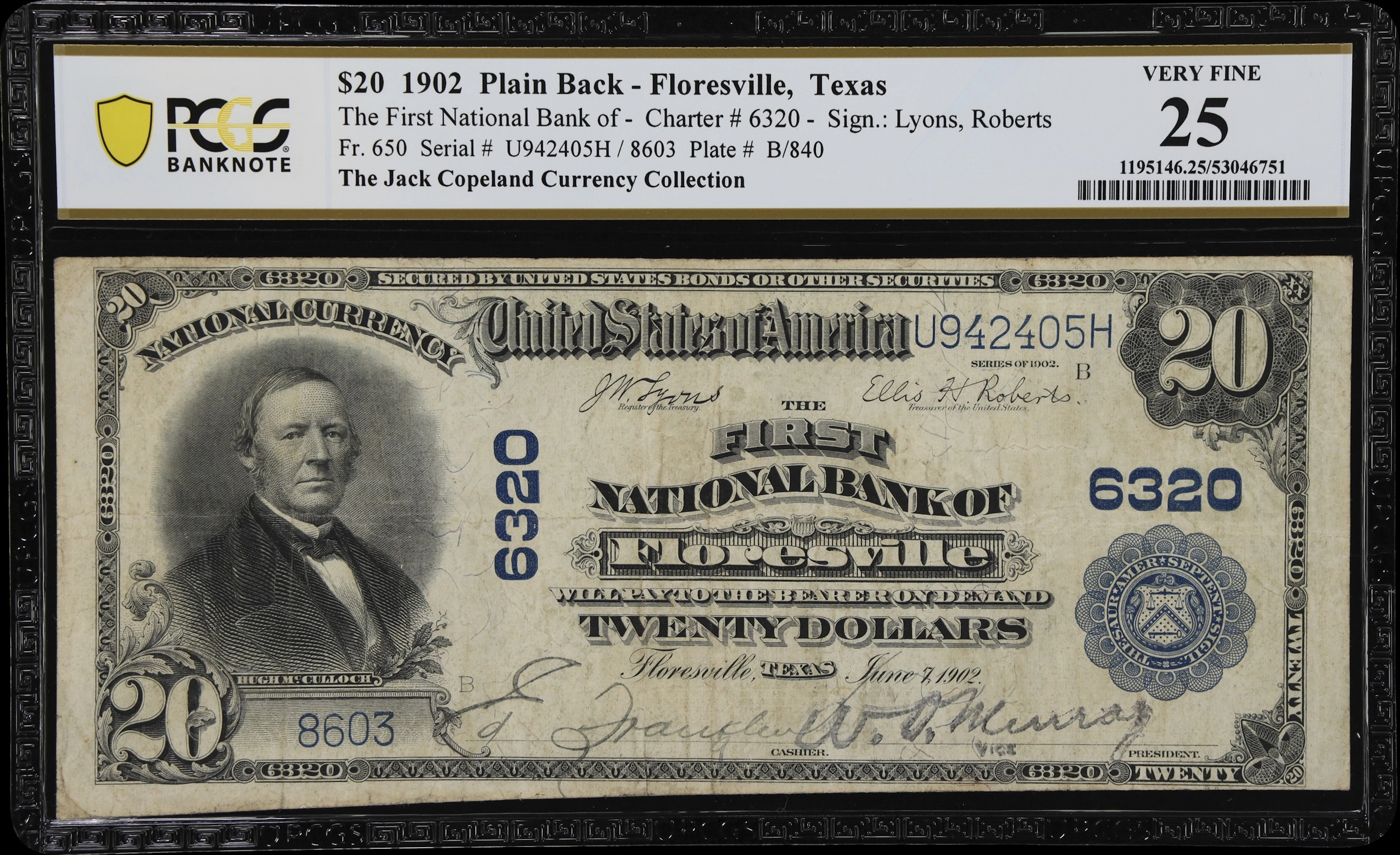 Floresville, Texas. $20 1902 Plain Back. Fr. 650. First NB. Charter