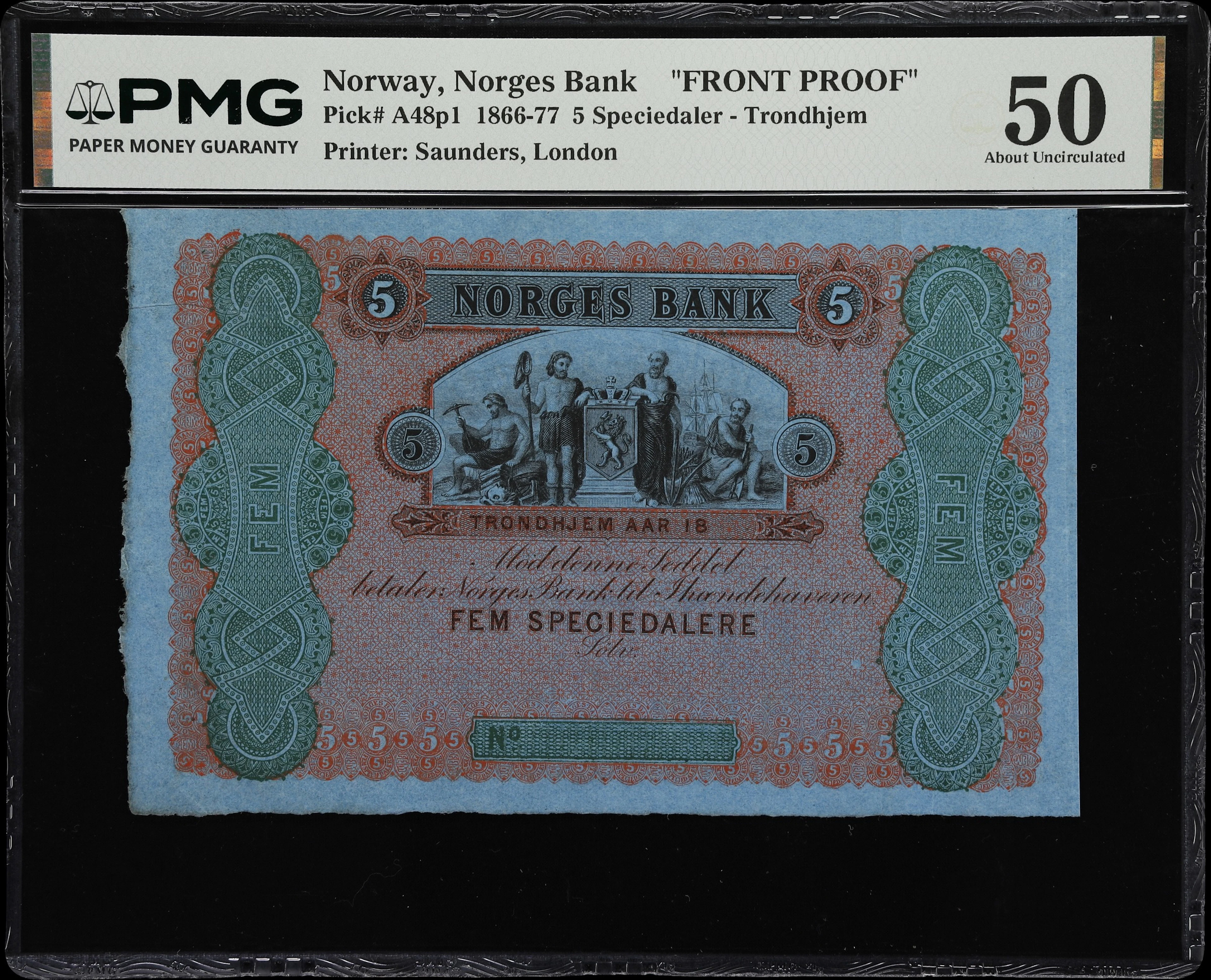 (◊) NORWAY. Norges Bank. 5 Speciedaler, ND (1866-77). P-A48p1. Front