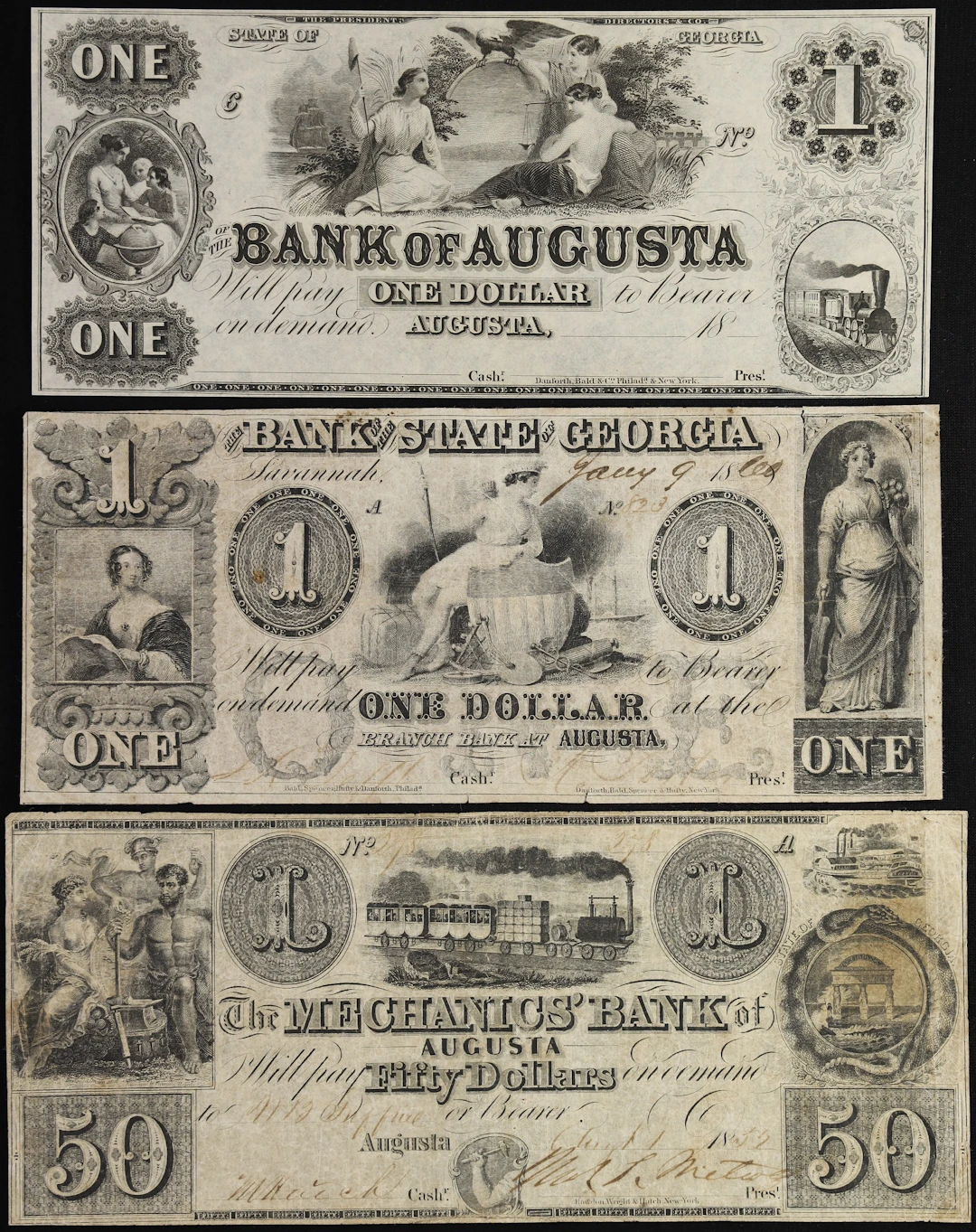 Lot of (3) Augusta, Georgia. Mixed Issuers. 18xx-60 $1 & $50. Very