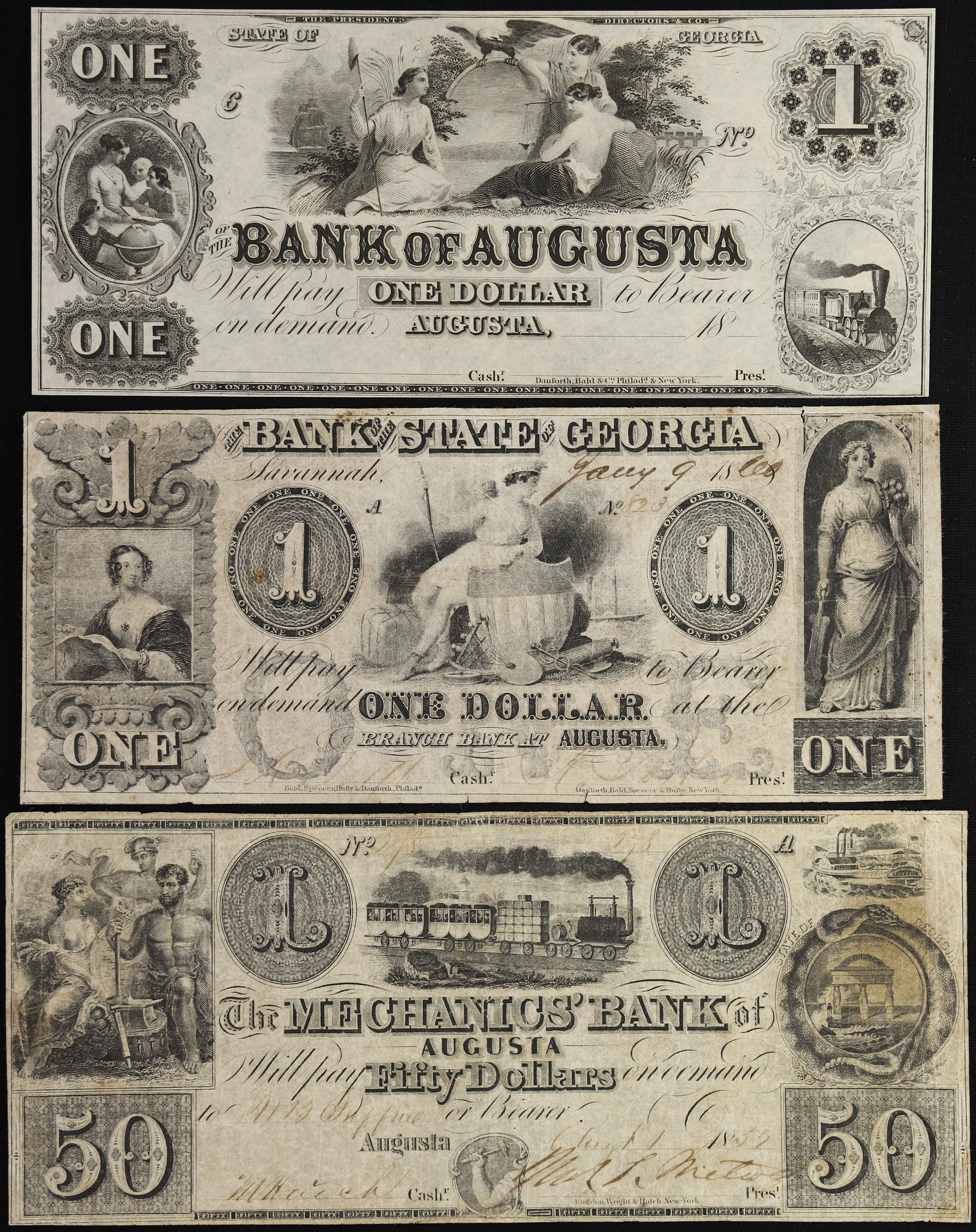 Lot of (3) Augusta, Georgia. Mixed Issuers. 18xx-60 $1 & $50. Very