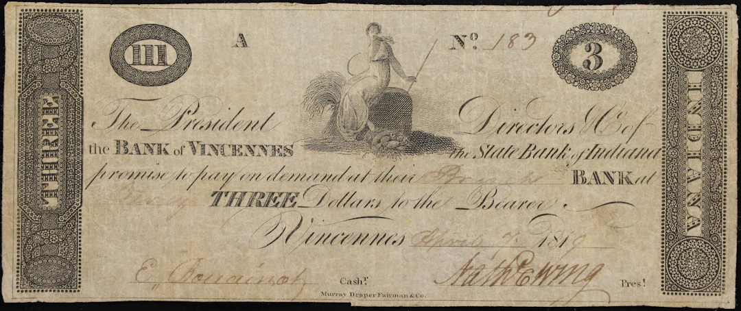 Vincennes, Indiana. Bank of Vincennes. 1819 $3. Fine.