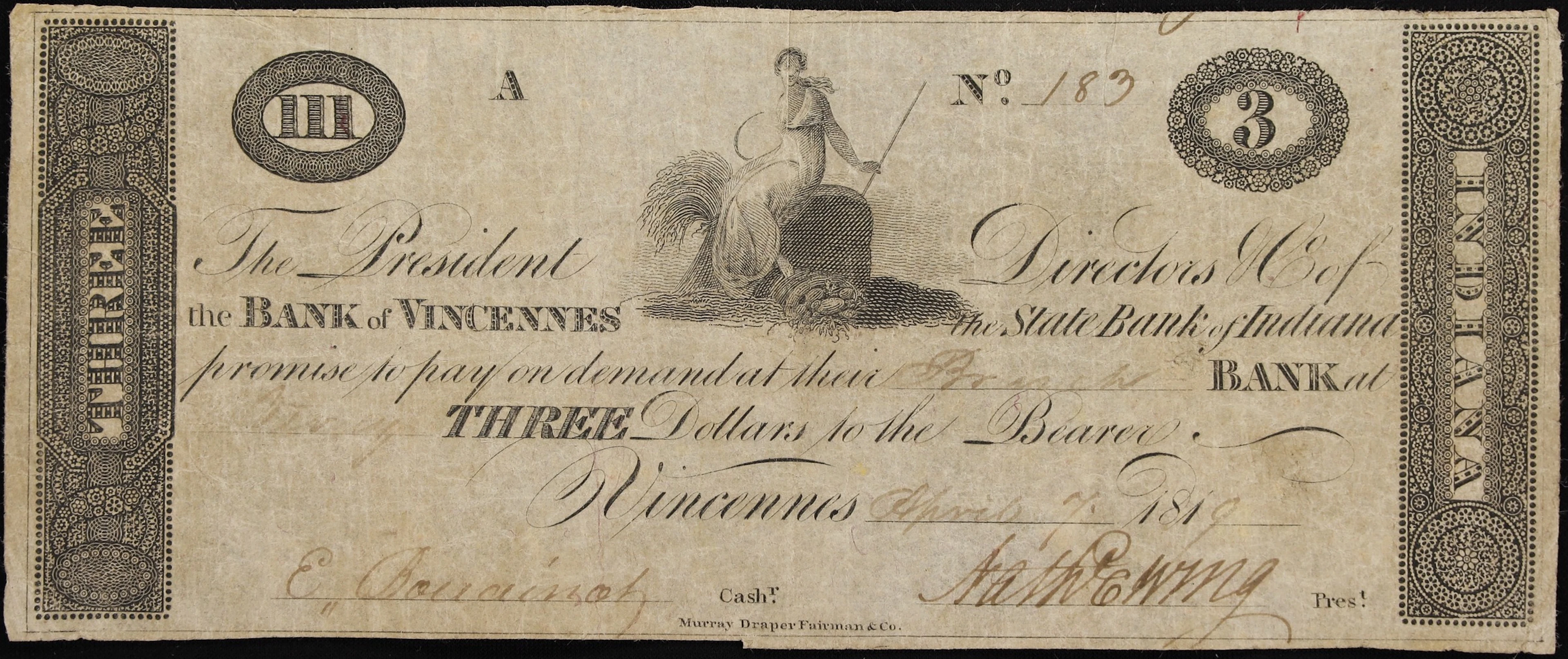 Vincennes, Indiana. Bank of Vincennes. 1819 $3. Fine.