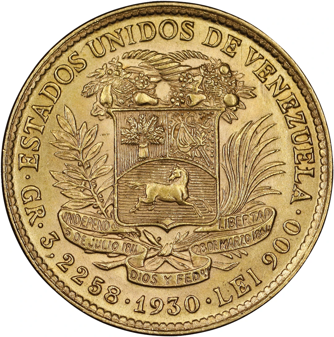 (0.093 oz, 2.893 g AGW). Venezuela. 1930 Gold 10 Bolivares.