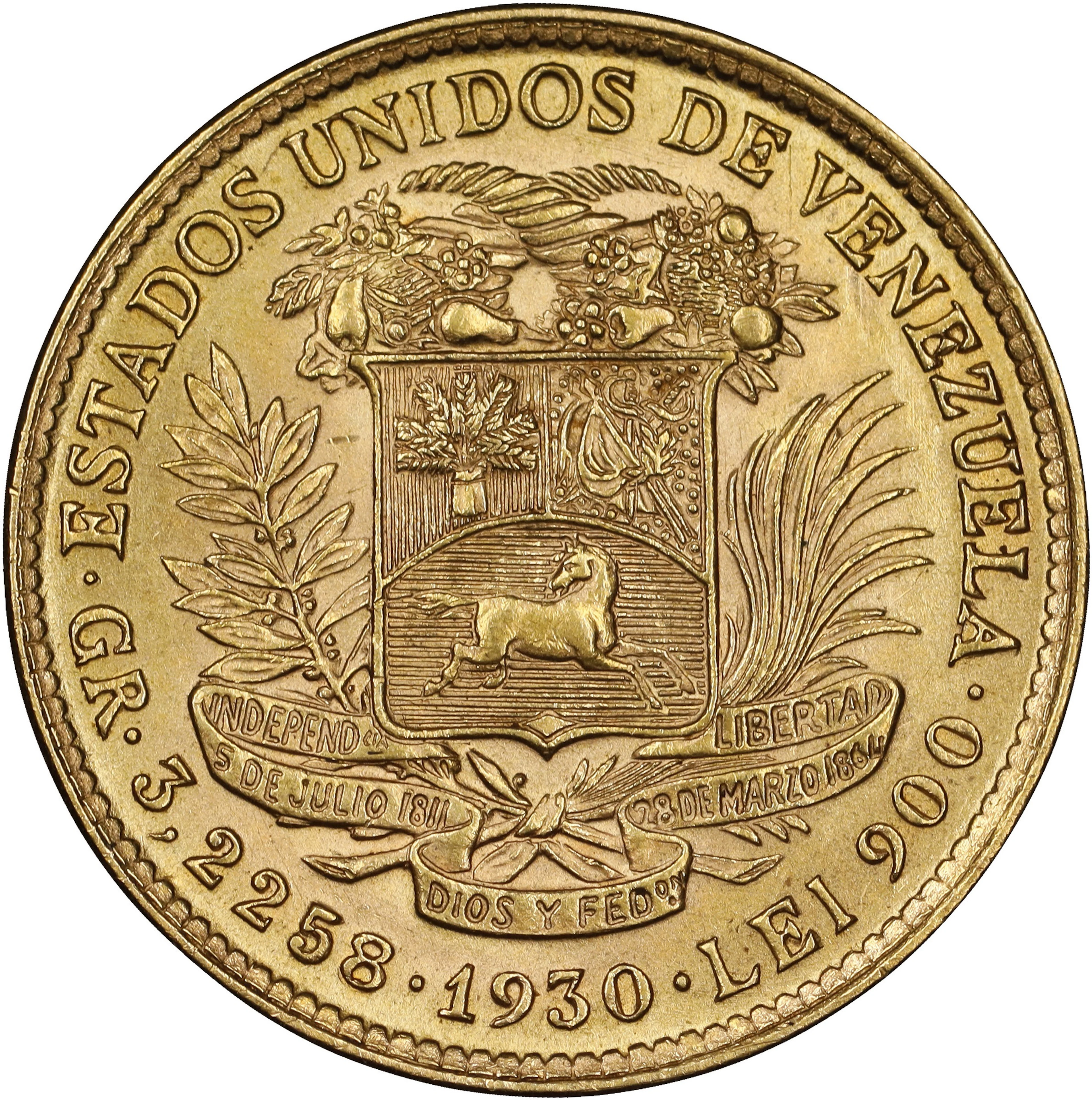 (0.093 oz, 2.893 g AGW). Venezuela. 1930 Gold 10 Bolivares.