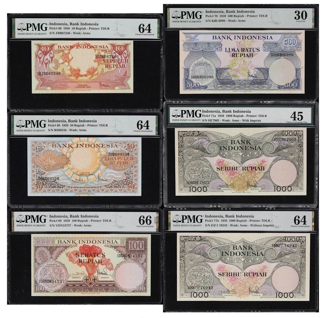 INDONESIA. Lot of (6). Bank Indonesia. 10, 50, 100, 500, & 1000 Rupiah