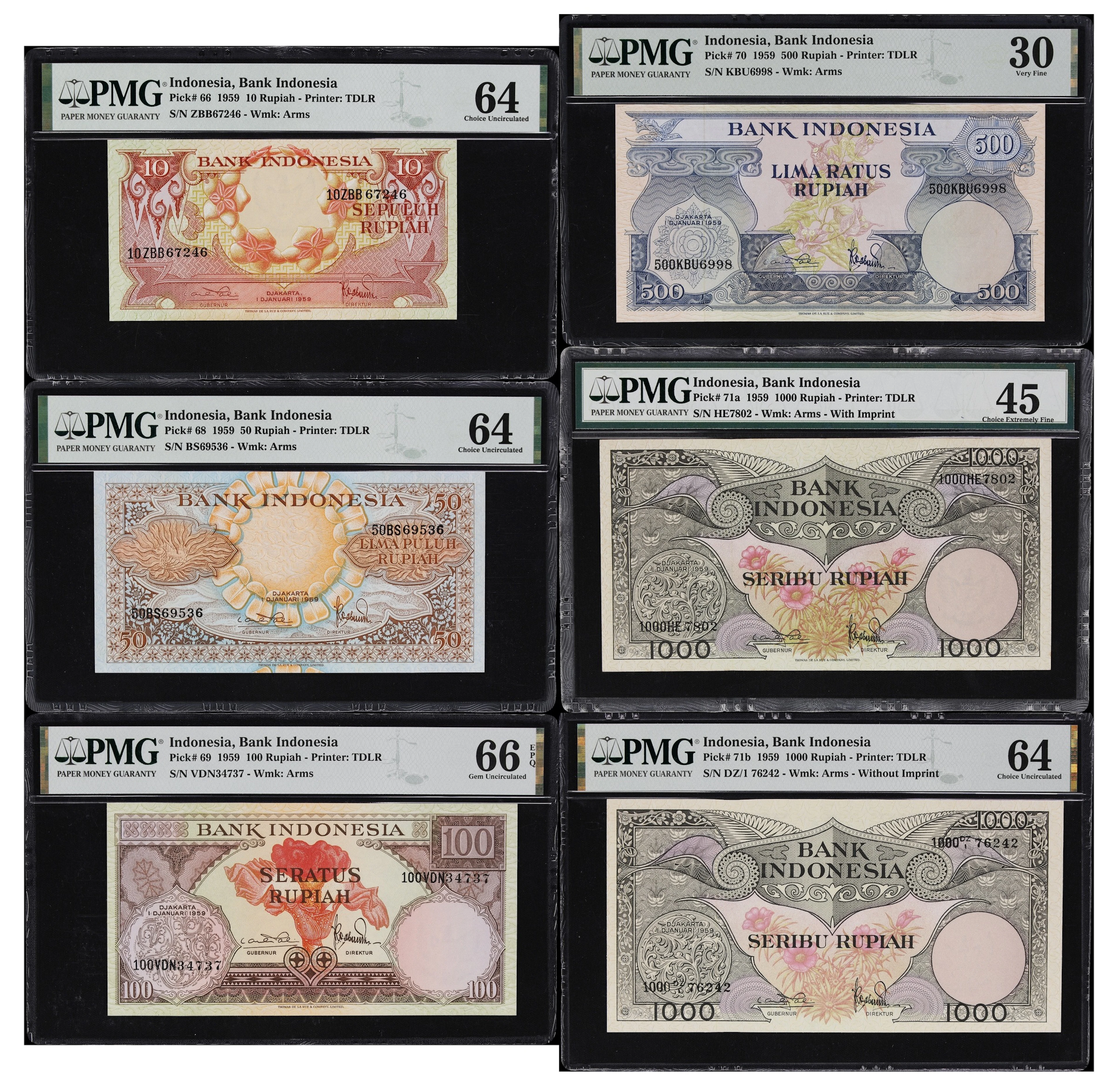 INDONESIA. Lot of (6). Bank Indonesia. 10, 50, 100, 500, & 1000 Rupiah