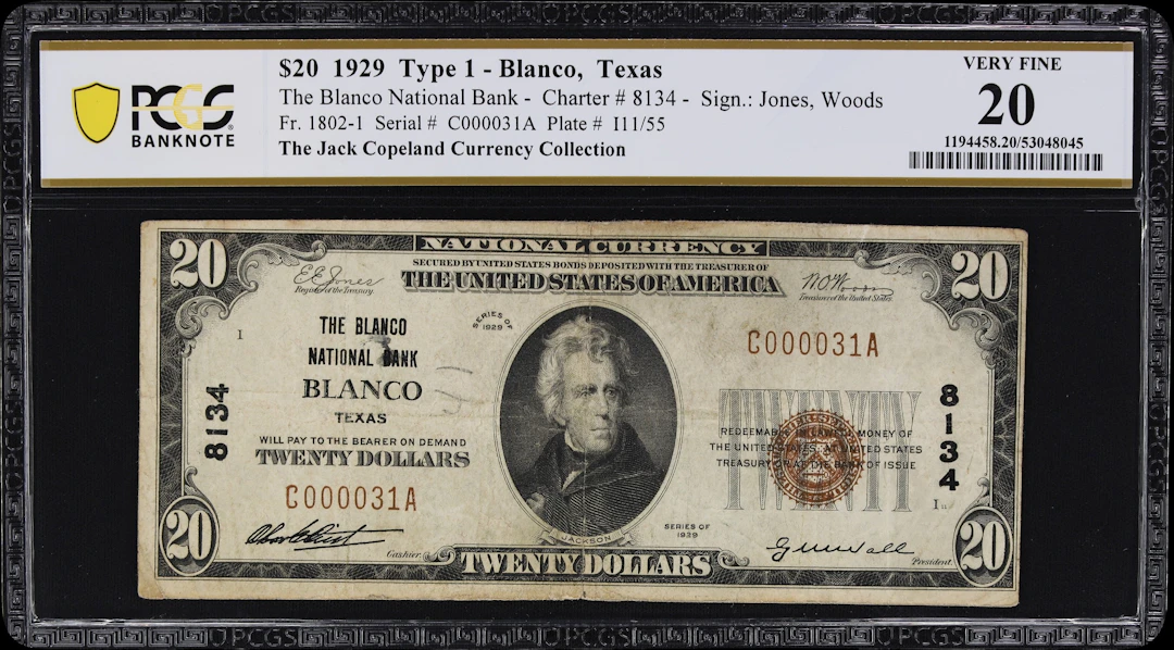 Blanco, Texas. $20 1929 Ty. 1. Fr. 1802-1. Blanco NB. Charter #8134.