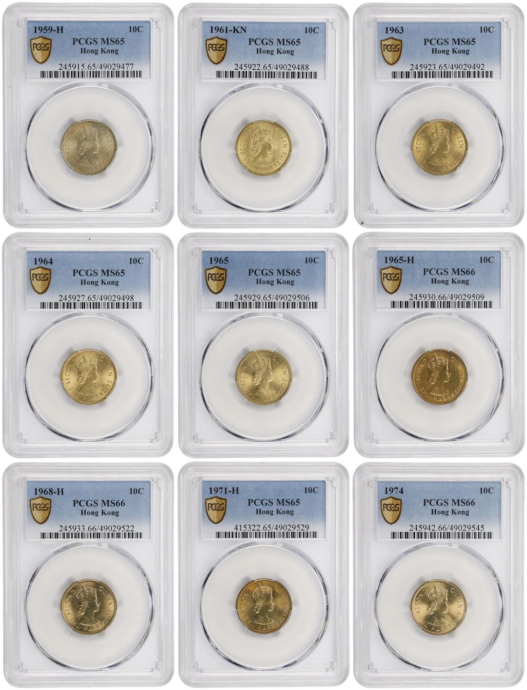 HONG KONG (SAR). Nonet of 10 Cents (9 Pieces), 1959-74. Elizabeth