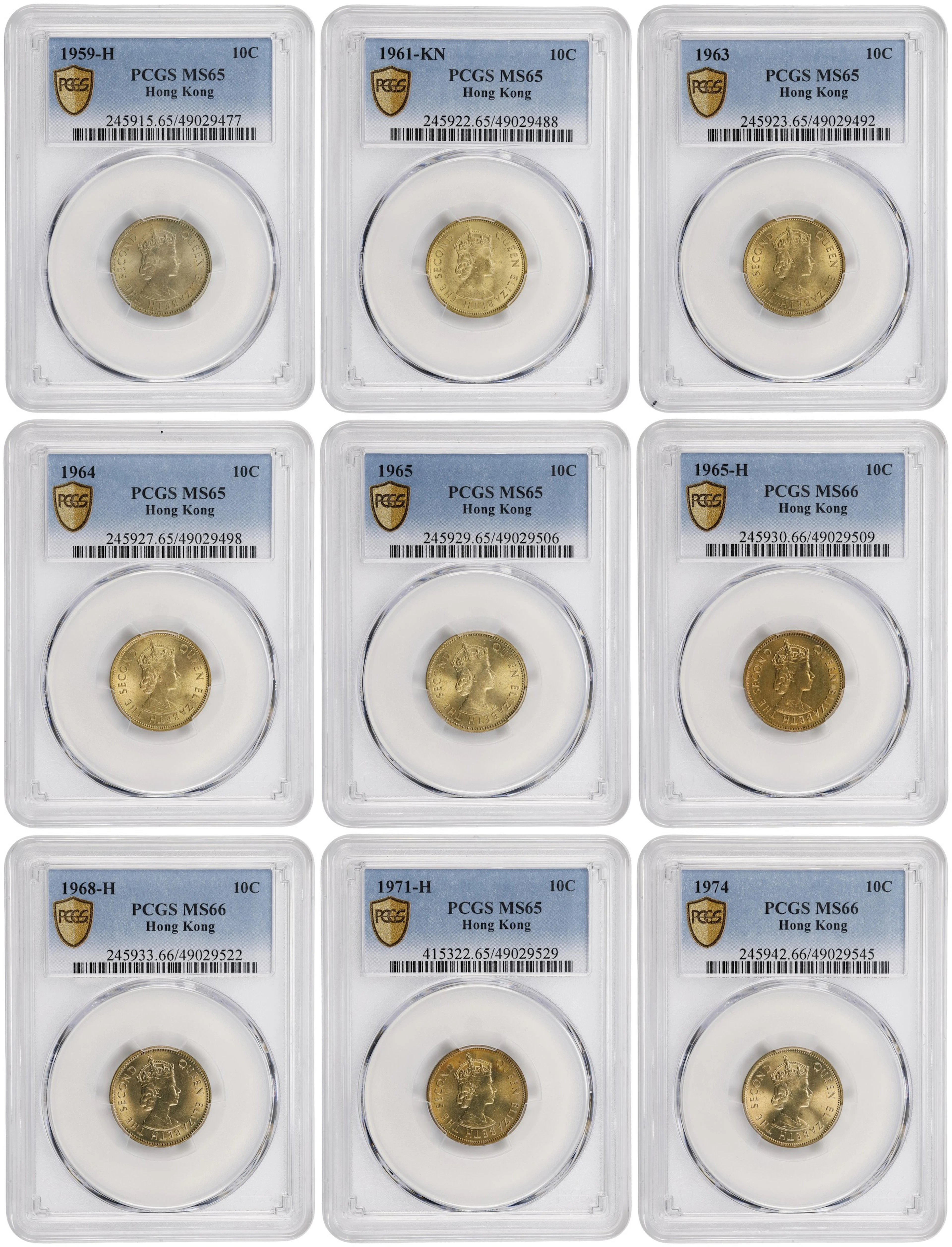 HONG KONG (SAR). Nonet of 10 Cents (9 Pieces), 1959-74. Elizabeth