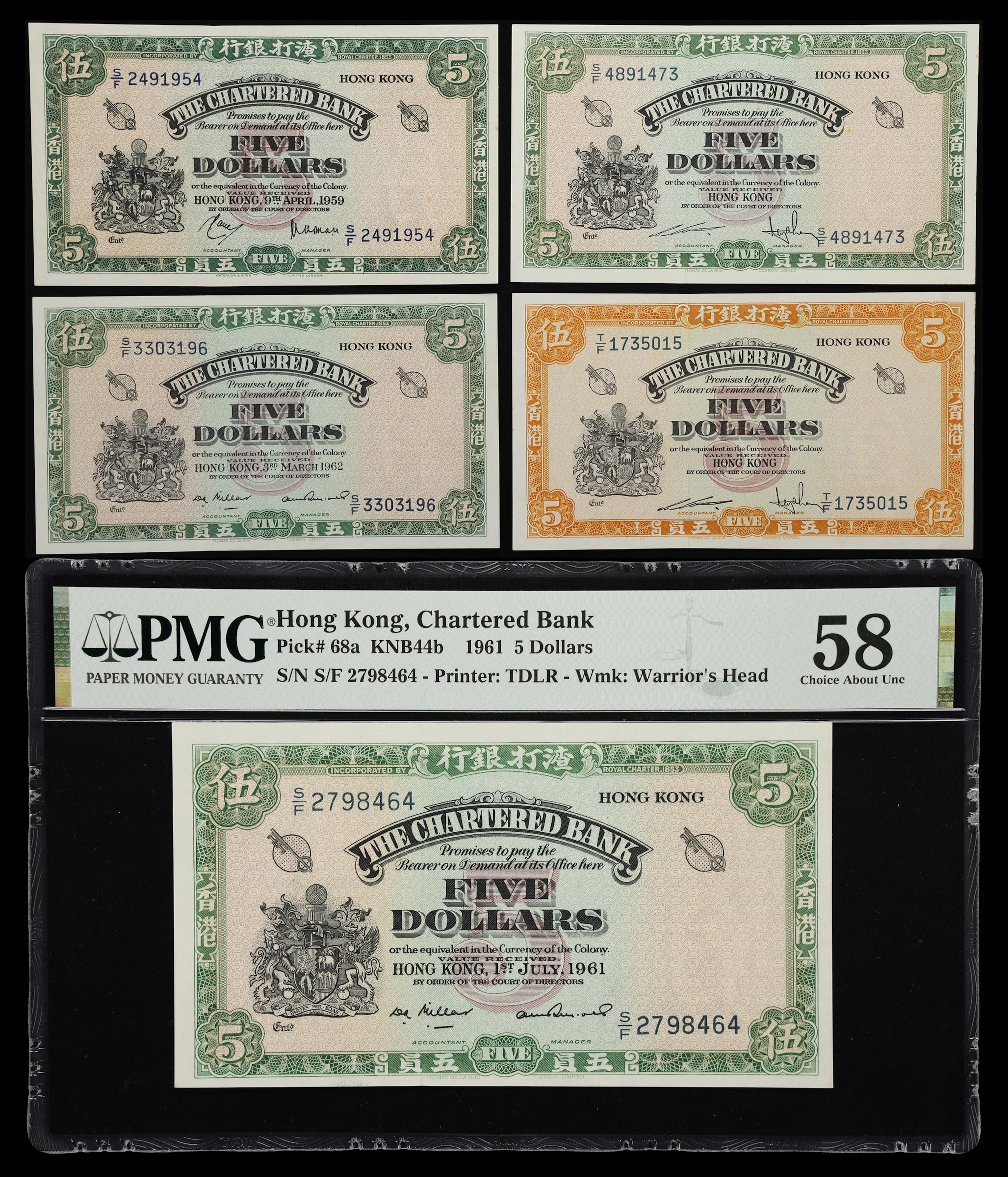 HONG KONG (SAR). Lot of (5). Chartered Bank. 5 Dollars, 1959-62 &