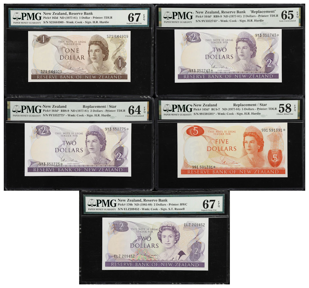 NEW ZEALAND. Lot of (5). Reserve Bank of New Zealand. 1, 2, & 5 Dollars