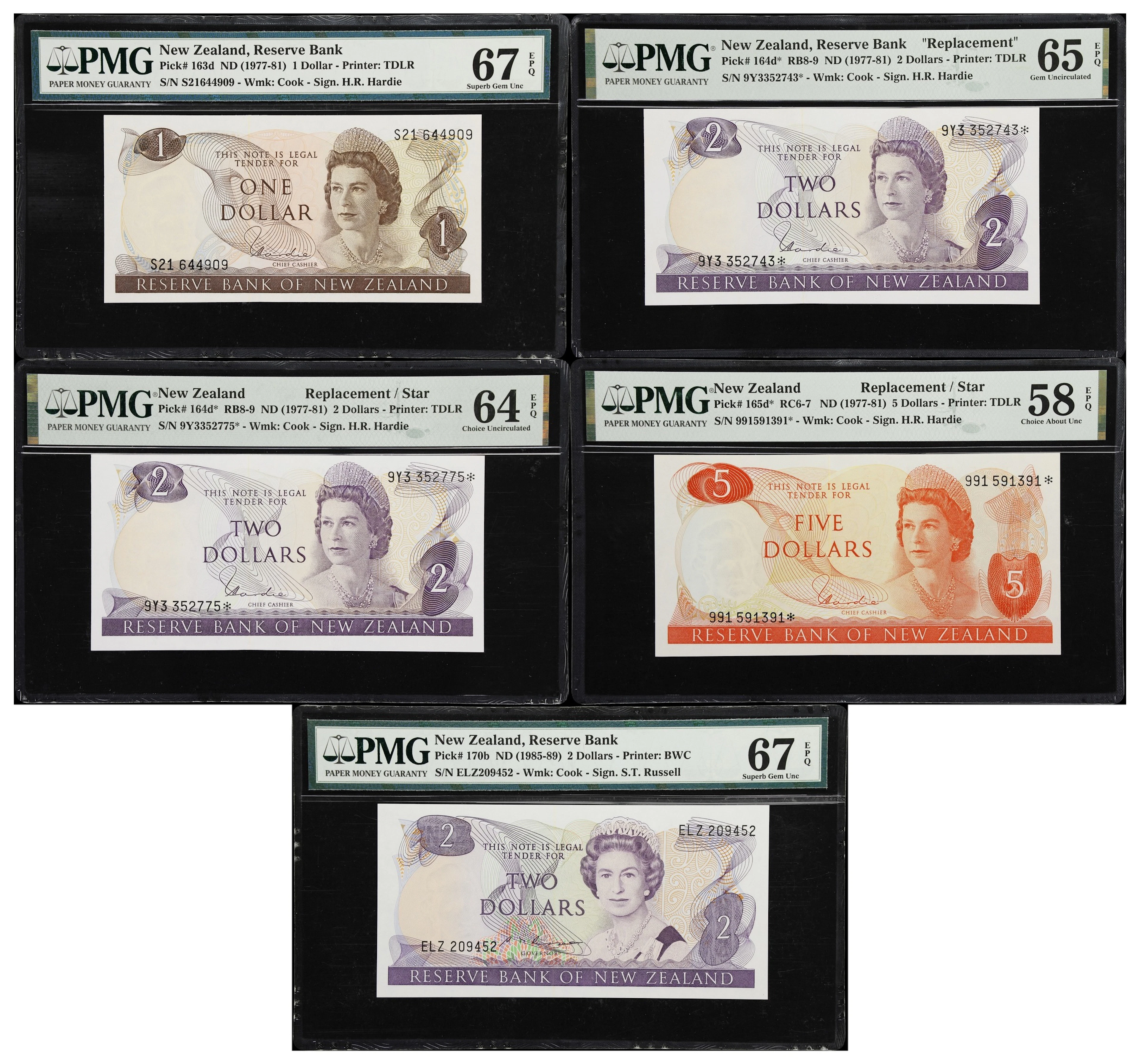 NEW ZEALAND. Lot of (5). Reserve Bank of New Zealand. 1, 2, & 5 Dollars