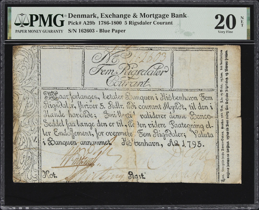 (◊) DENMARK. Exchange & Mortgage Bank. 5 Rigsdaler Courant, 1795.