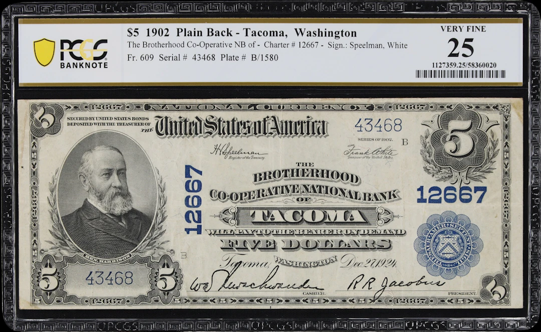 Tacoma, Washington. $5 1902 Plain Back. Fr. 609. Brotherhood Co-Operative