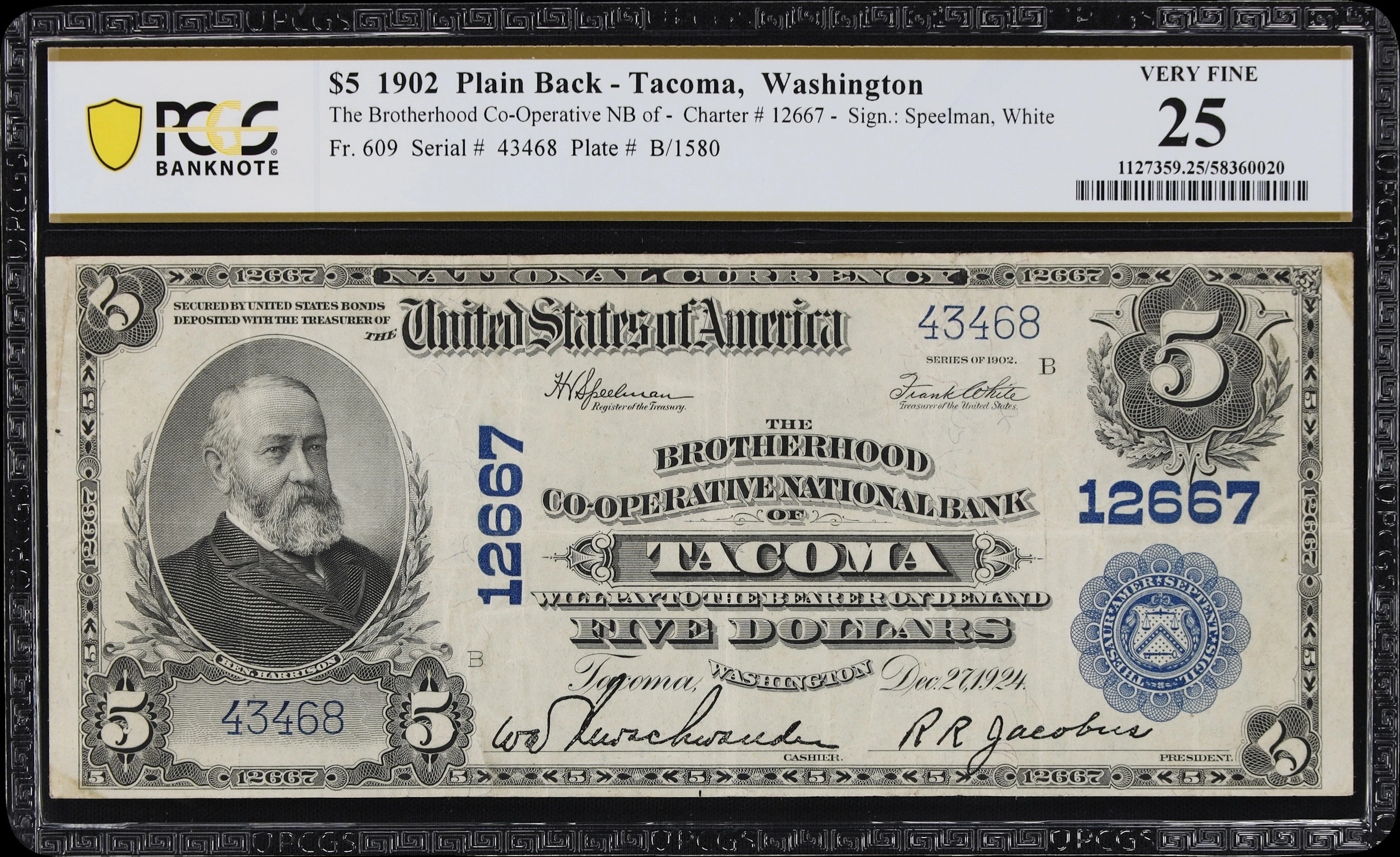 Tacoma, Washington. $5 1902 Plain Back. Fr. 609. Brotherhood Co-Operative