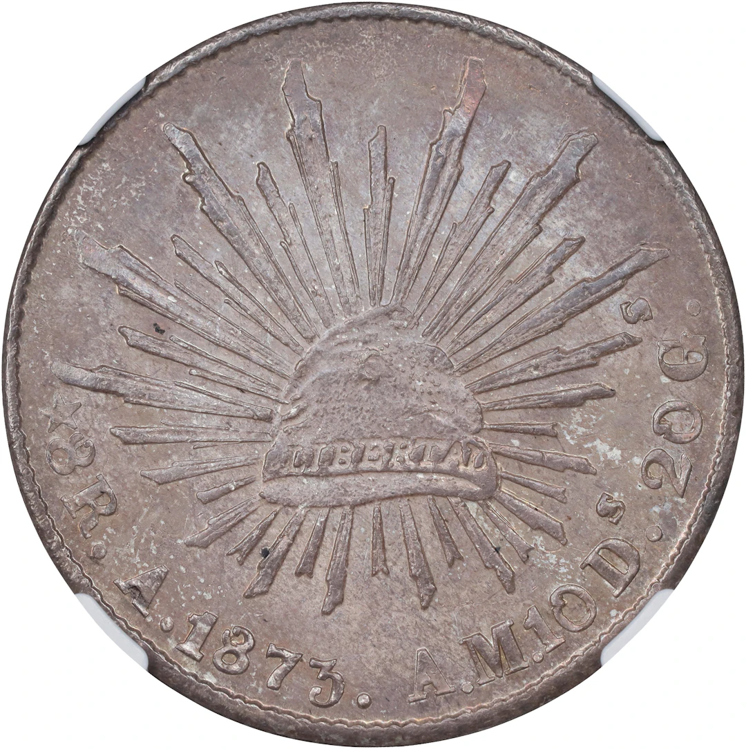 MEXICO. 8 Reales, 1873-A AM. Alamos Mint. NGC MS-63.