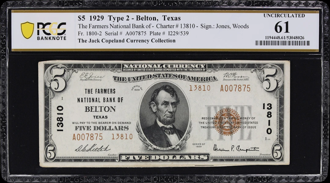 Belton, Texas. $5 1929 Ty. 2. Fr. 1800-2. Farmers NB. Charter #13810.