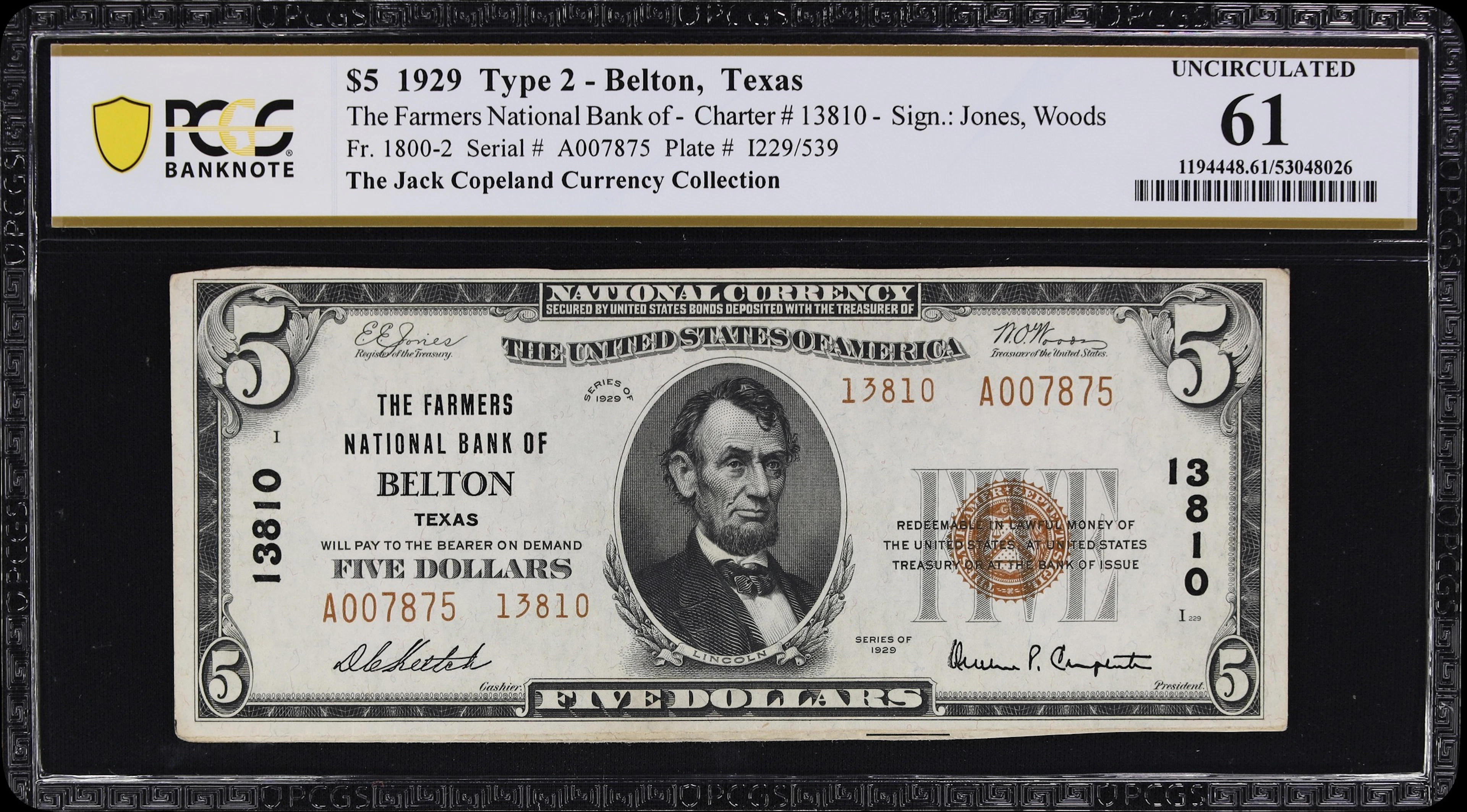 Belton, Texas. $5 1929 Ty. 2. Fr. 1800-2. Farmers NB. Charter #13810.