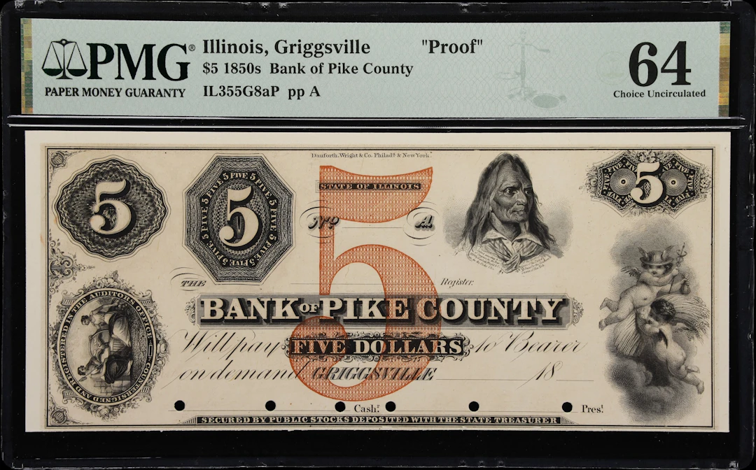 Griggsville, Illinois. Bank of Pike County. 18xx $5. PMG Choice Uncirculated
