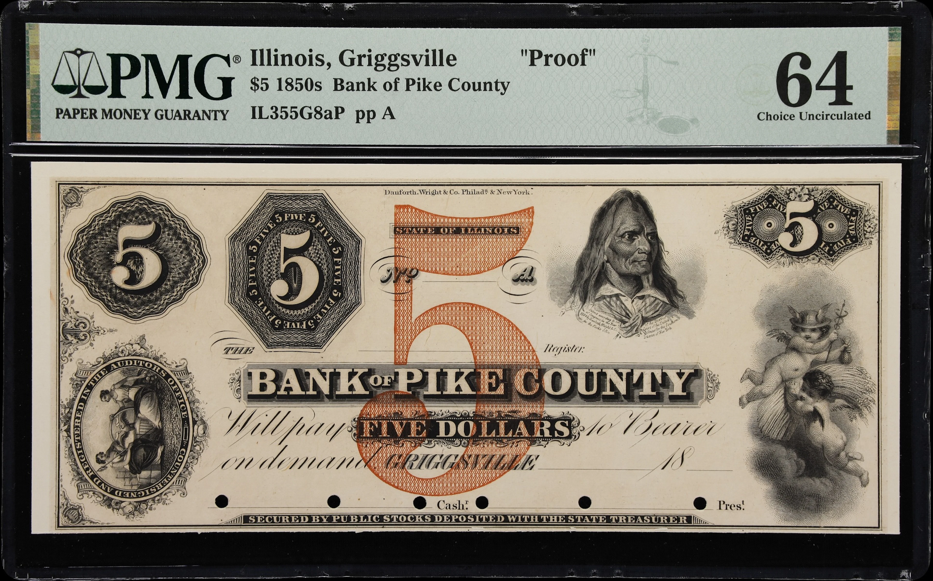 Griggsville, Illinois. Bank of Pike County. 18xx $5. PMG Choice Uncirculated