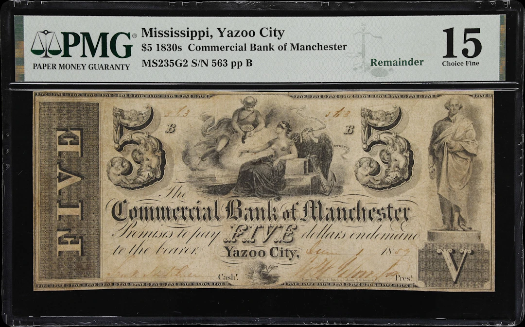 Yazoo City, Mississippi. Commercial Bank of Manchester. 1859 $5. PMG