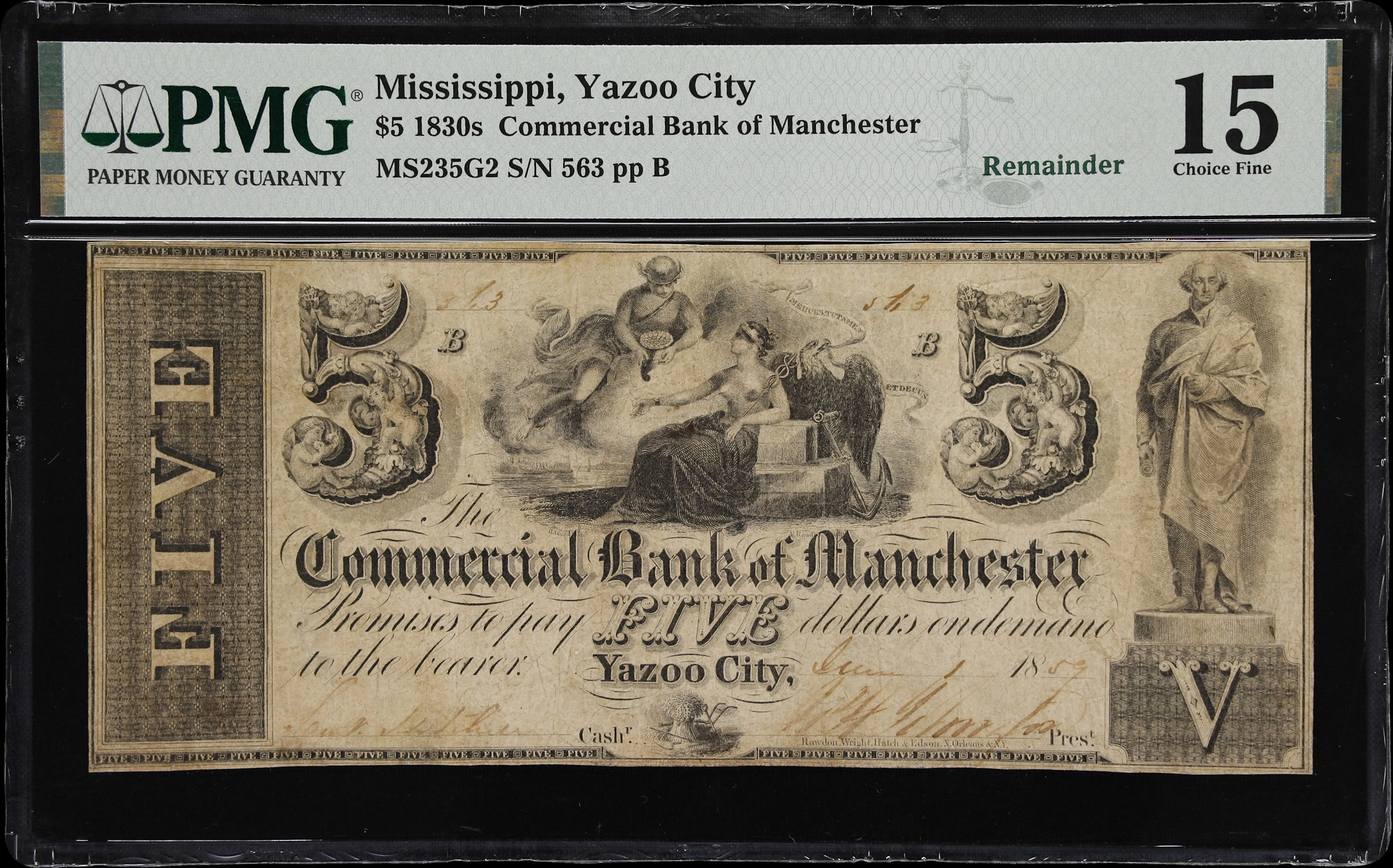 Yazoo City, Mississippi. Commercial Bank of Manchester. 1859 $5. PMG