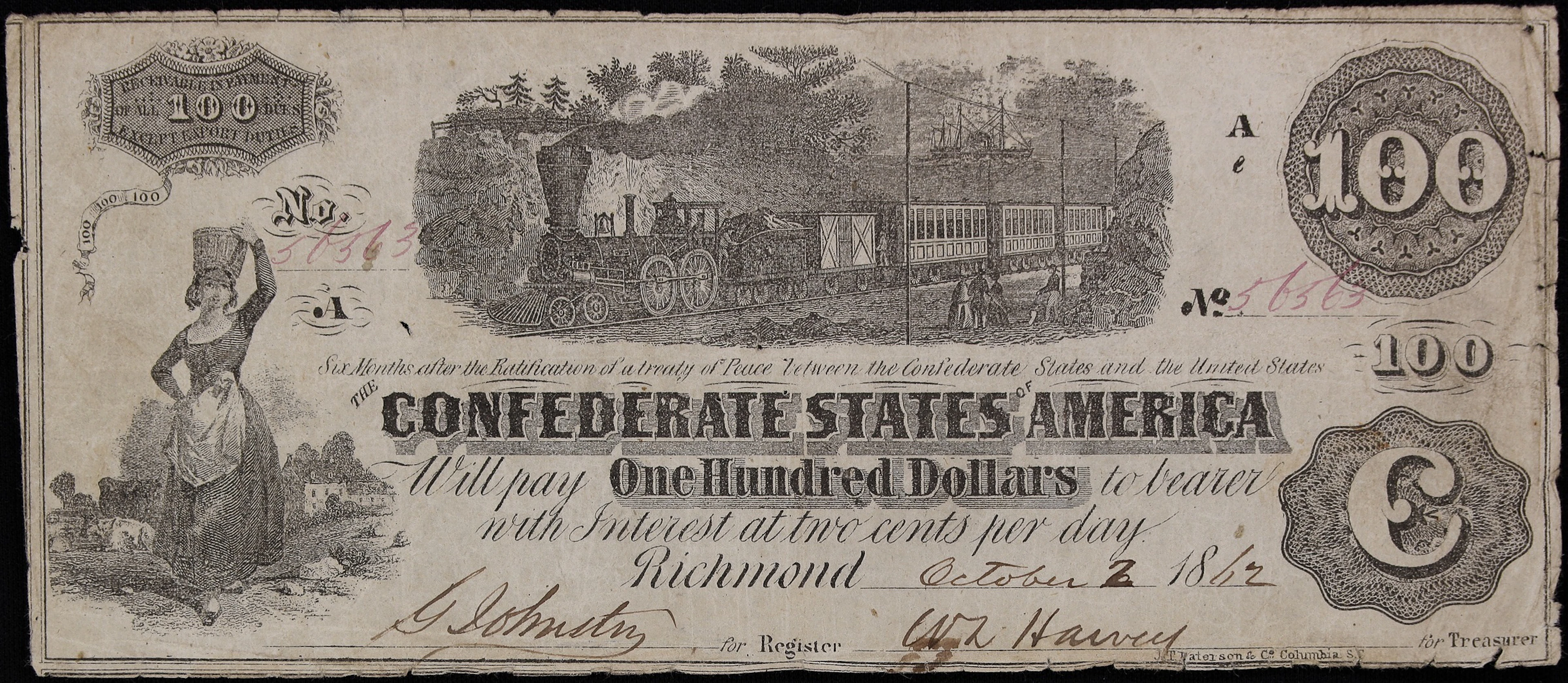 T-40. Confederate Currency. 1862 $100. Fine to Very Fine. Penned Military