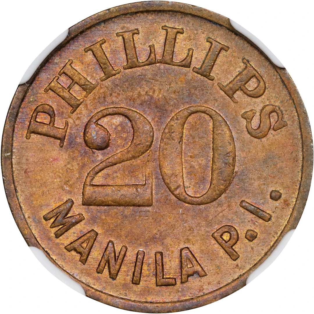 PHILIPPINES. Philips 20 Centavos Brass Token, ND (ca. 1940s). NGC MS-63.