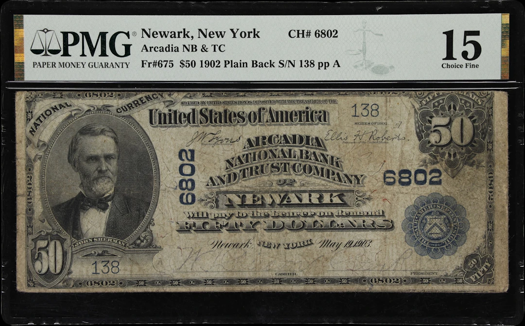 Newark, New York. 1902 Plain Back $50 Fr. 675. Arcadia NB & TC. Charter