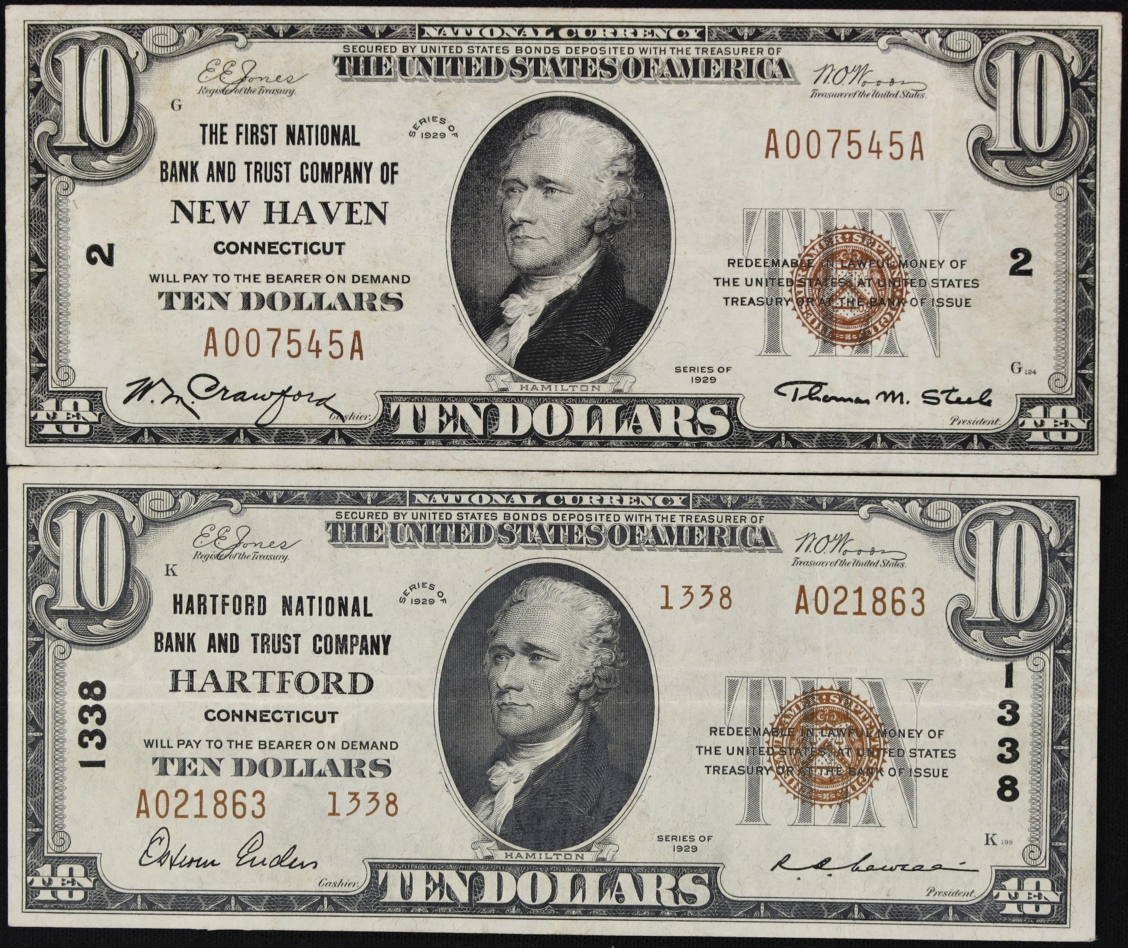 Lot of (2) Hartford & New Haven, Connecticut. $10 1929 Ty. 1 & Ty.