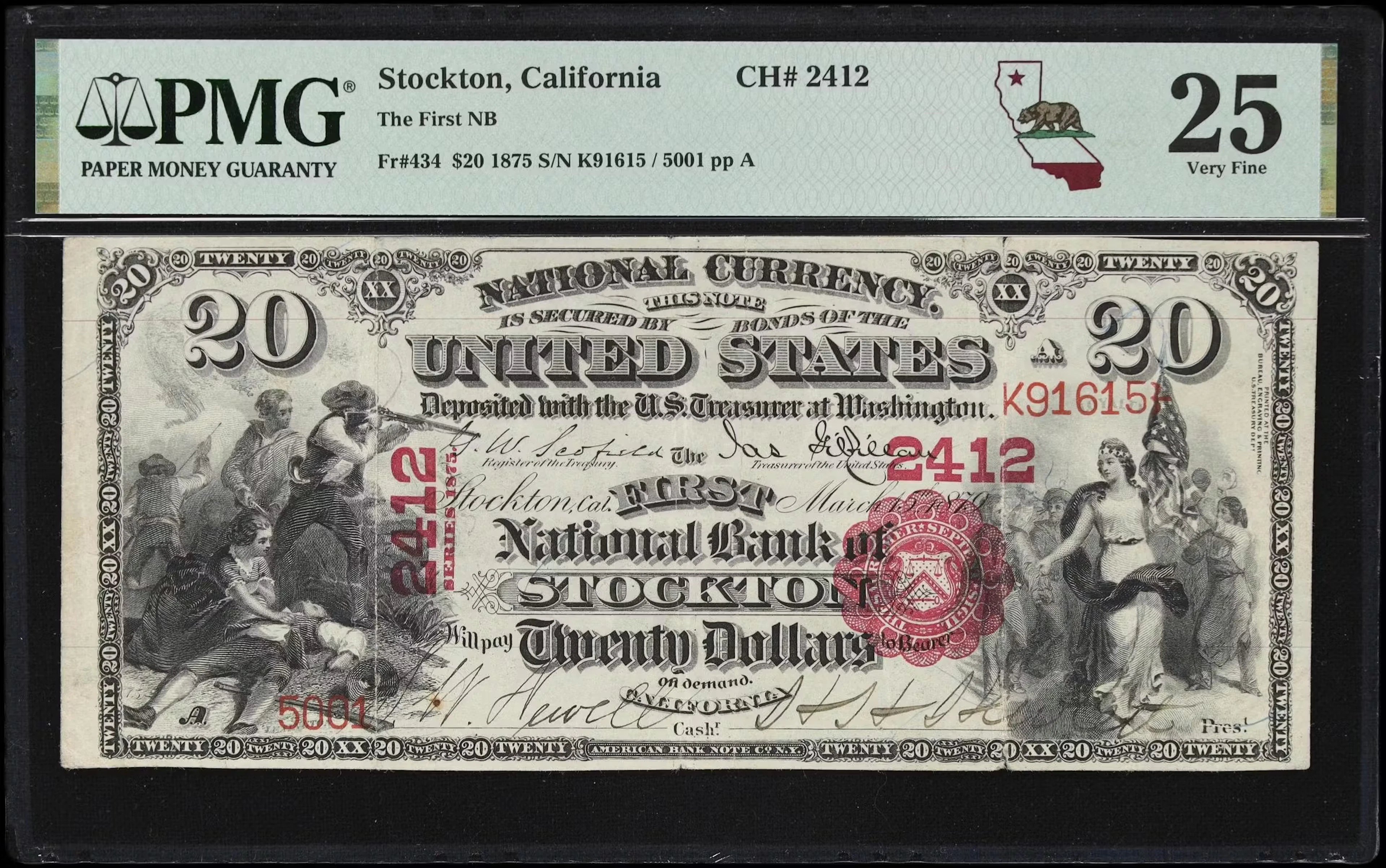 Stockton, California. $20 1875. Fr. 434. First NB. Charter #2412.
