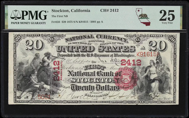 Stockton, California. $20 1875. Fr. 434. First NB. Charter #2412.