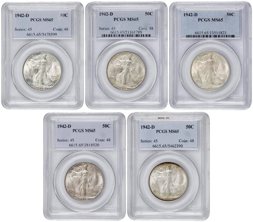 Lot of (5) 1942-D Walking Liberty Half Dollars. MS-65 (PCGS).