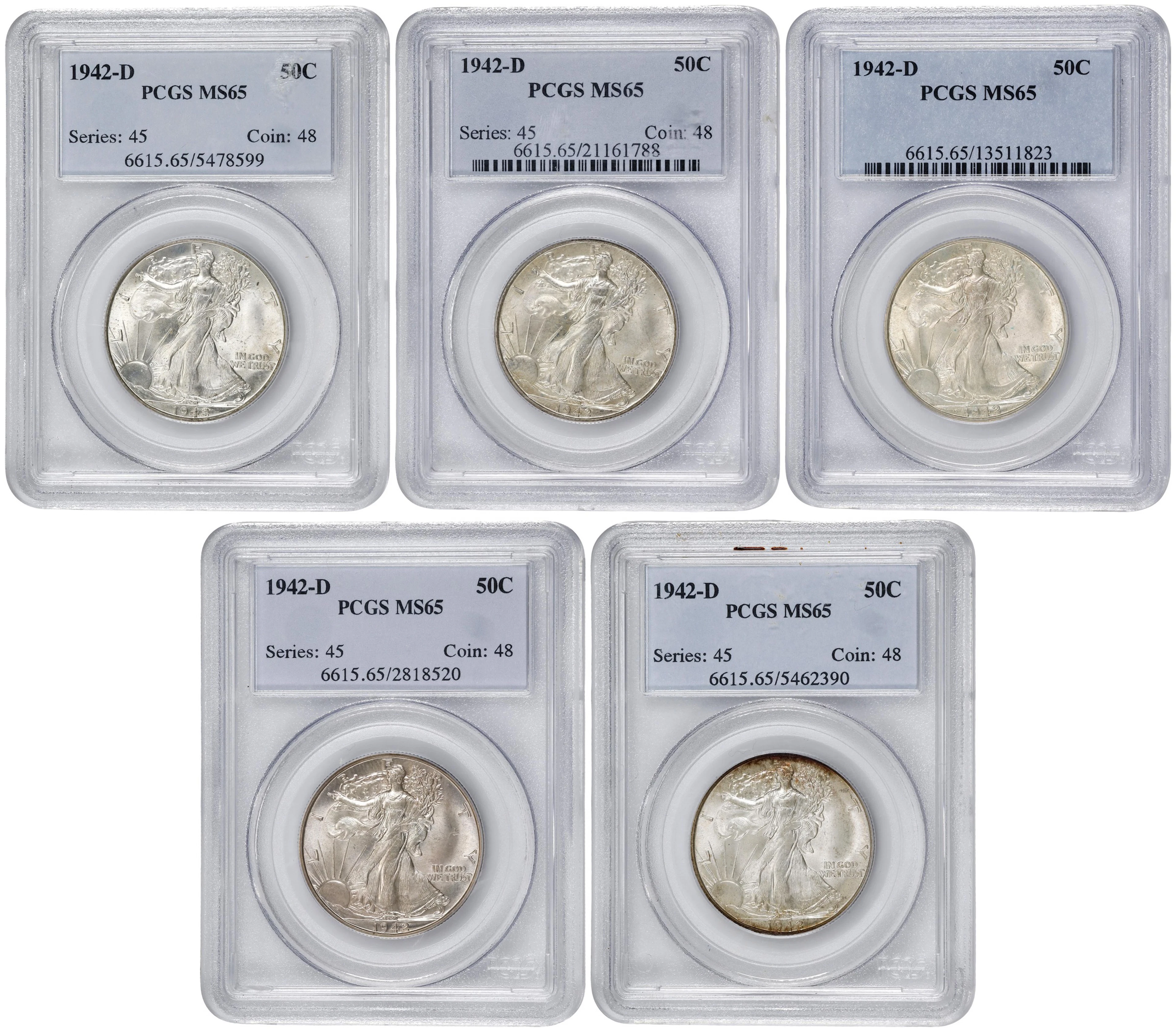 Lot of (5) 1942-D Walking Liberty Half Dollars. MS-65 (PCGS).